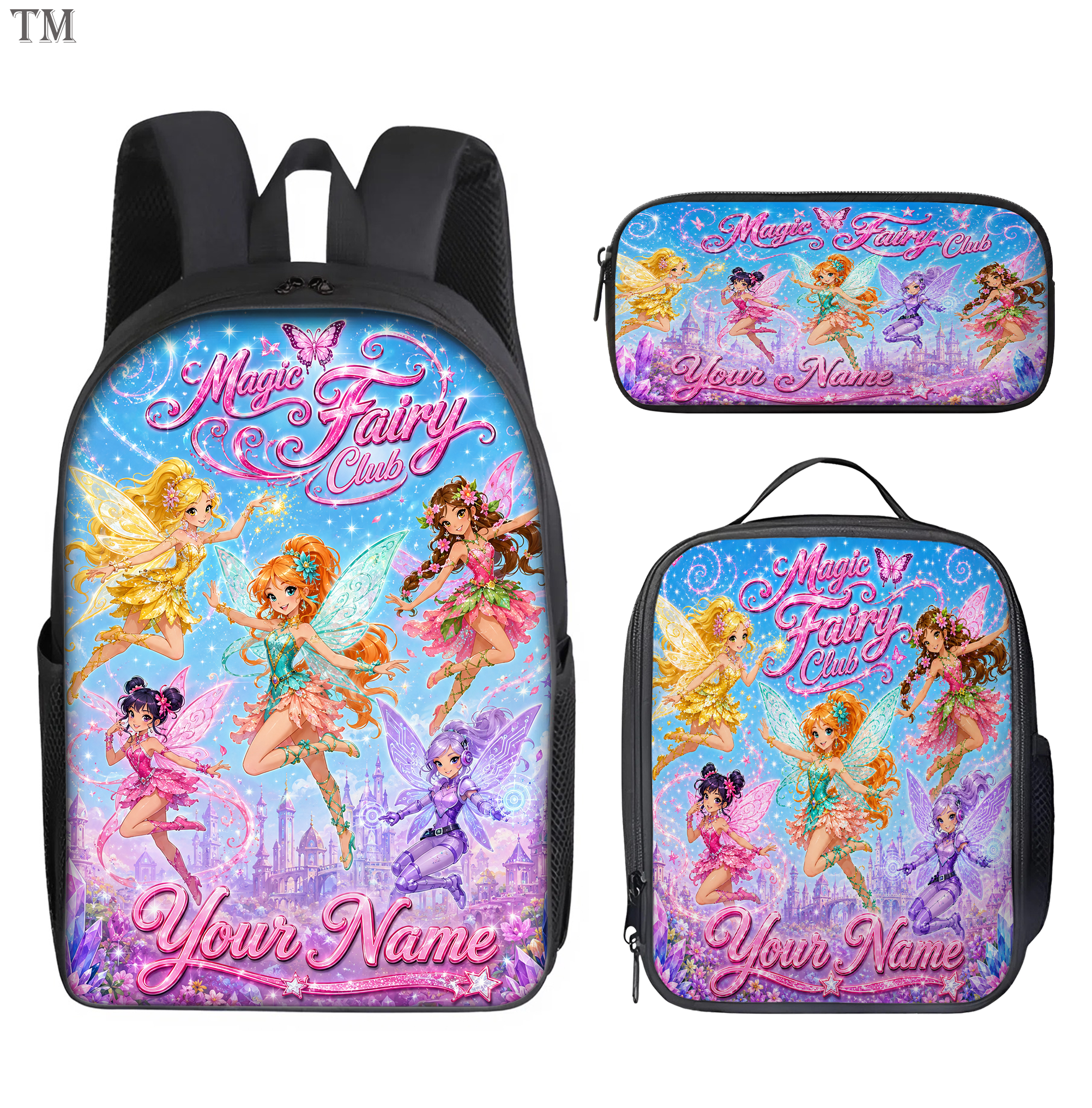 Custom Name Fairy Princess School Backpack Set Lunch Bag Pencil caseil Case Girls Gift