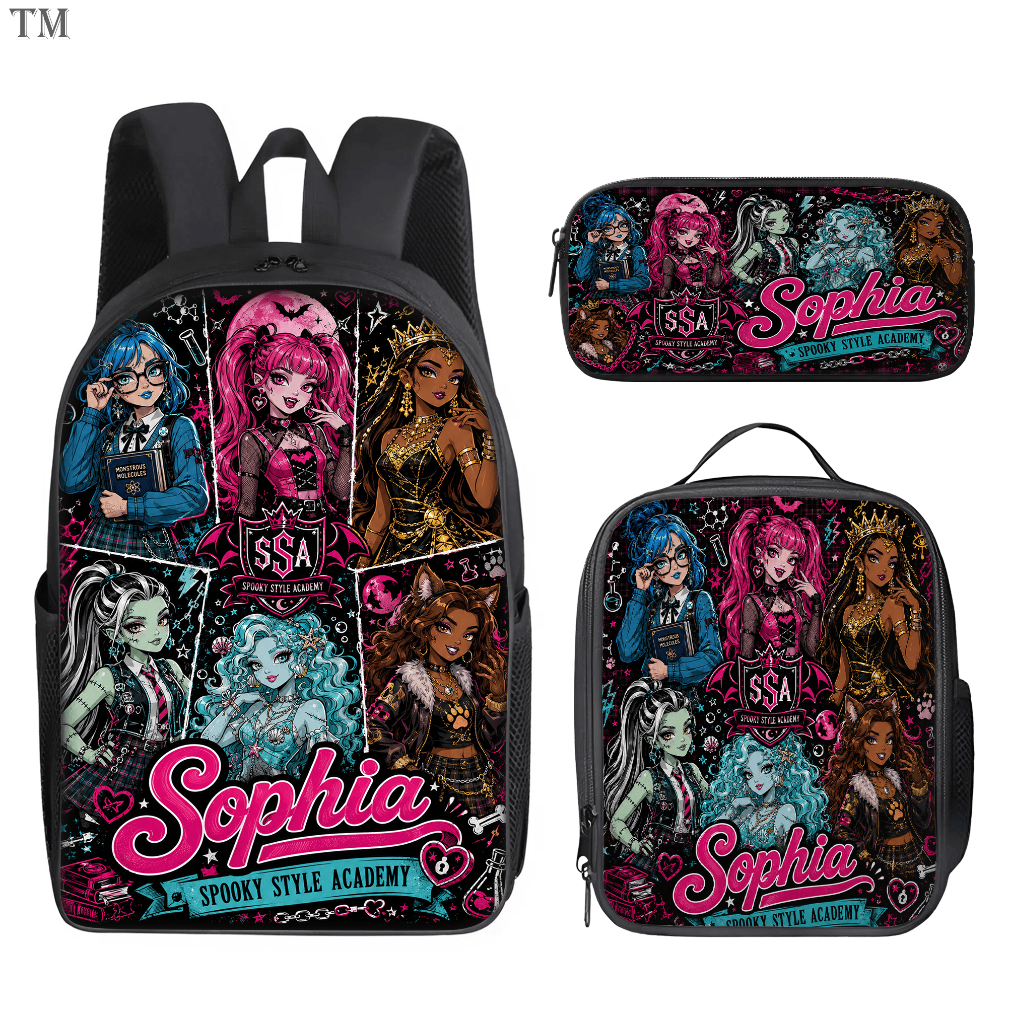 Personalized Monster High Backpack Set, Custom Name School Bag, Lunch Bag & Pencil case
