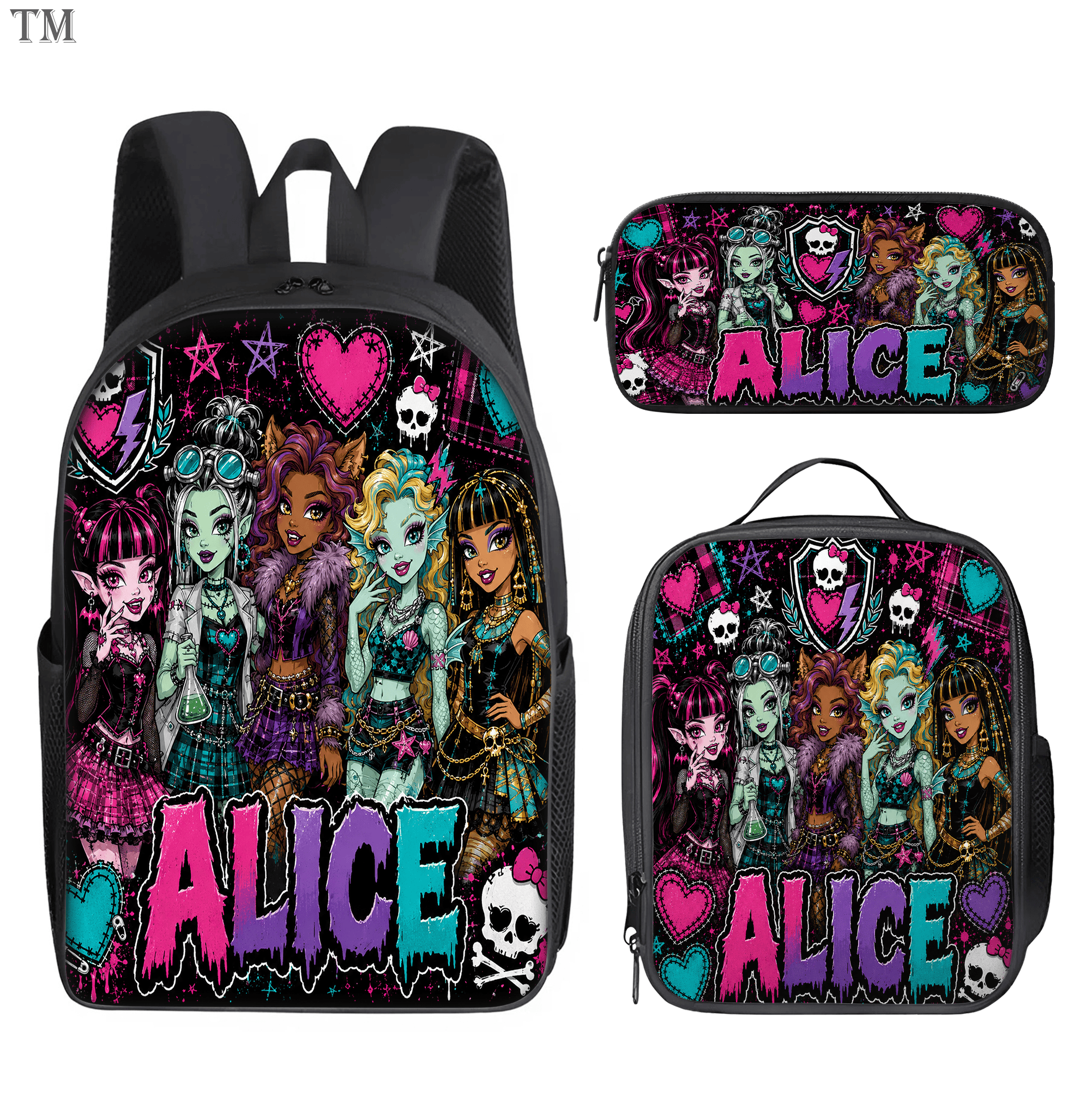Personalized Monster High Backpack Set, Custom Name School Bag, Lunch Bag & Pencil case