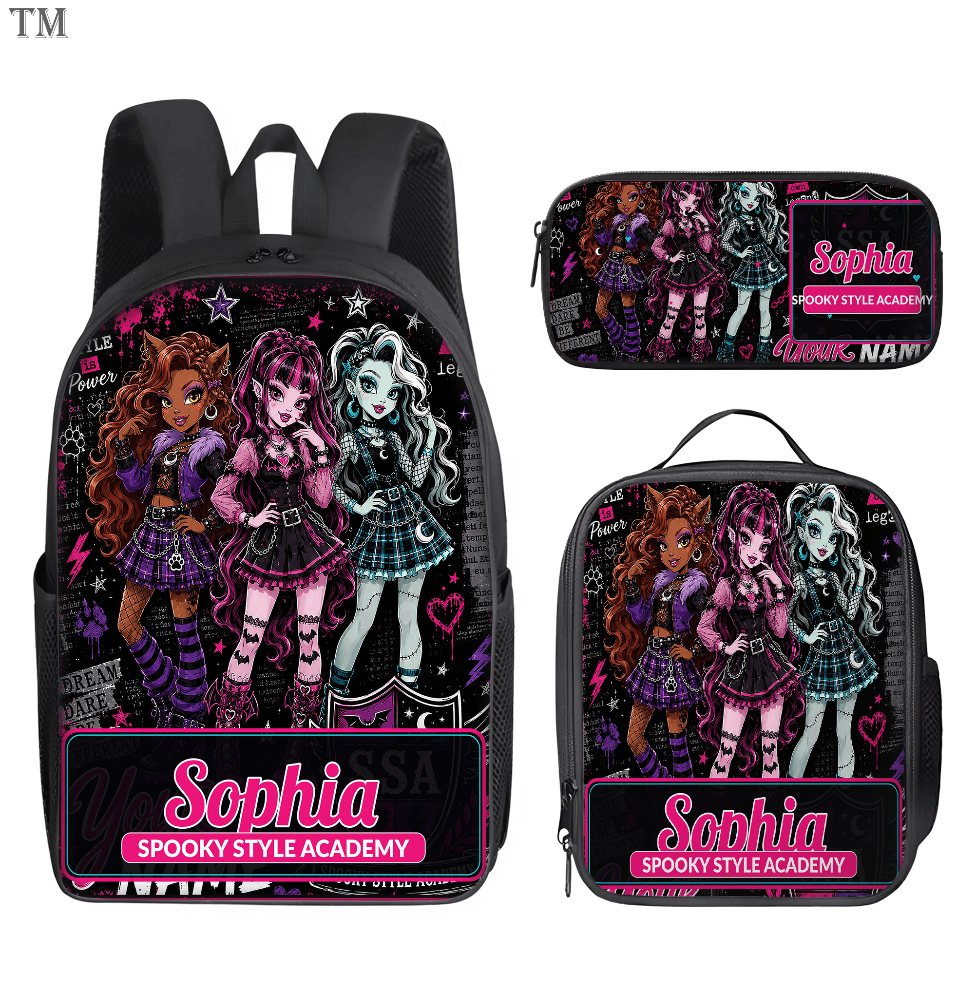 Personalized Monster High Backpack Set, Custom Name School Bag, Lunch Bag & Pencil case