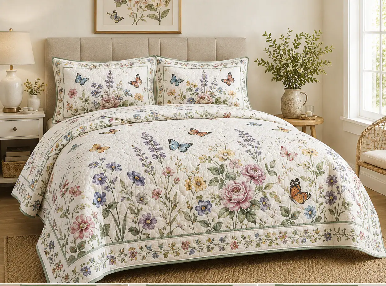 Botanical Butterfly Quilt Set 3PCS Soft Floral Coverlet Bedding Botanical Butterfly Quilt Set 3PCS Soft Floral Coverlet Bedding - Image 1