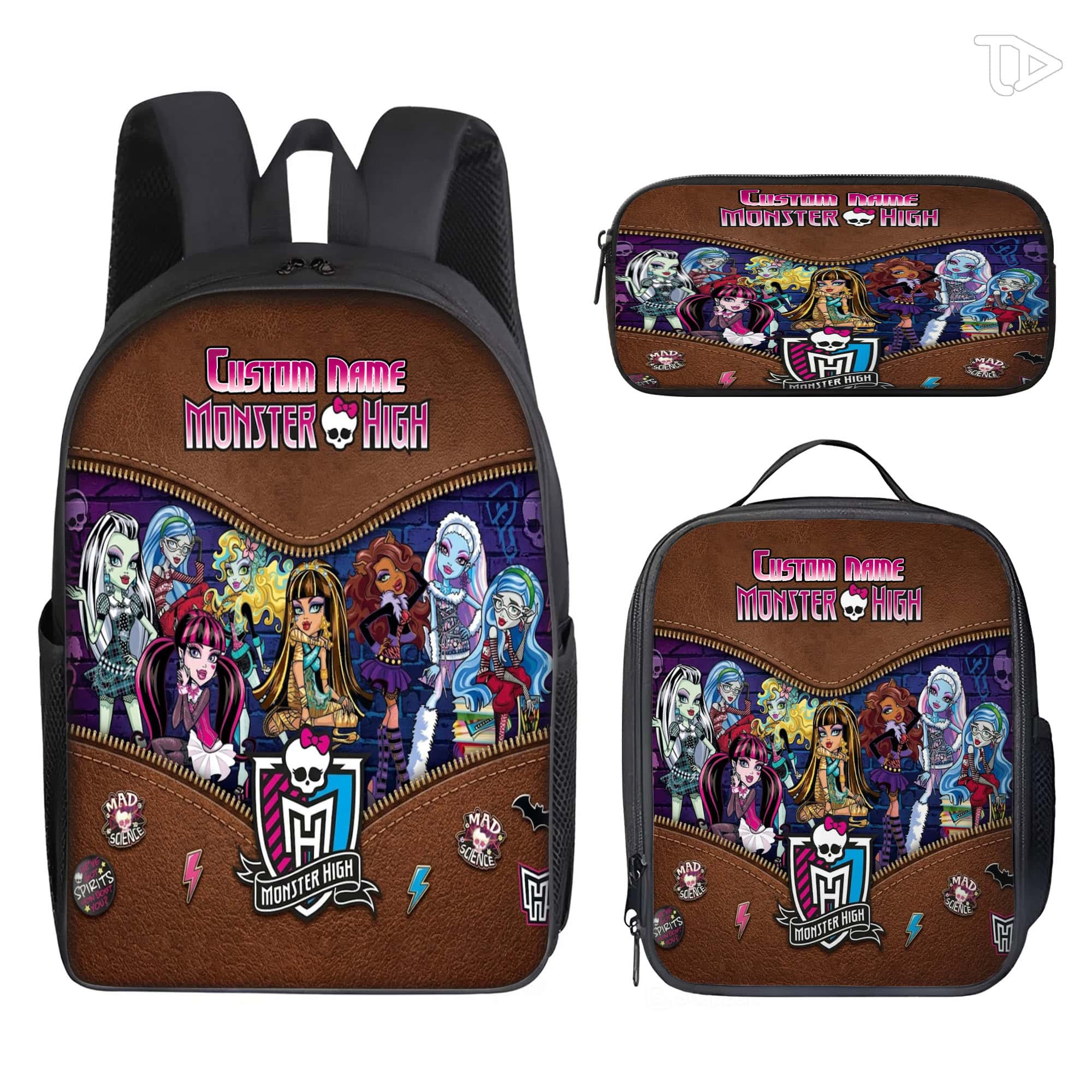 - Custom Name Monster Girl School Backpack 3 Pcs Combo, Personalized Spooky Fashion Student Bookbag Set, Back to School Gift for Kids
