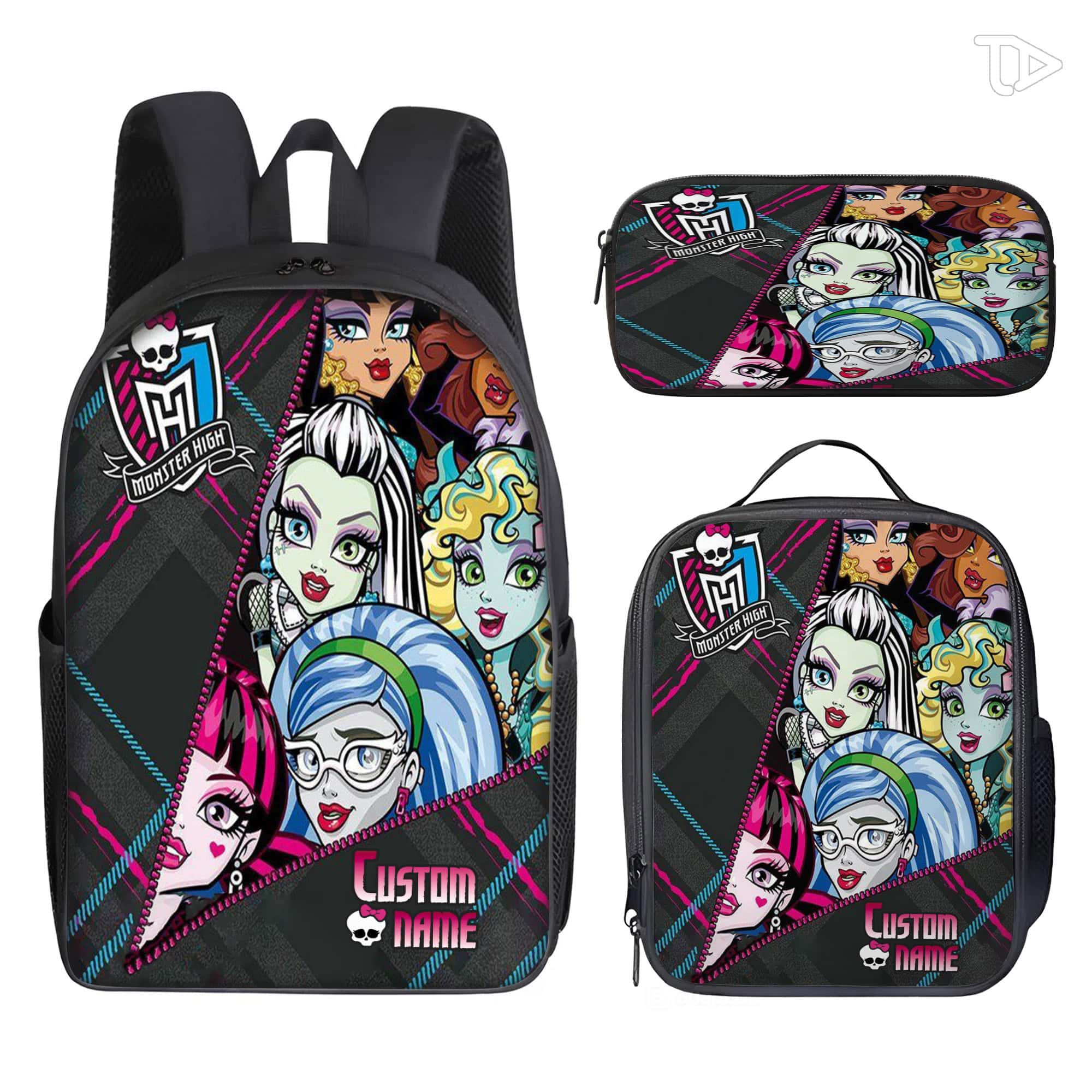 Personalized Cool Gothic Monster Squad 3-Piece Backpack Set for Kids Custom Name School Bookbag with Insulated Lunch Bag & Pencil Case