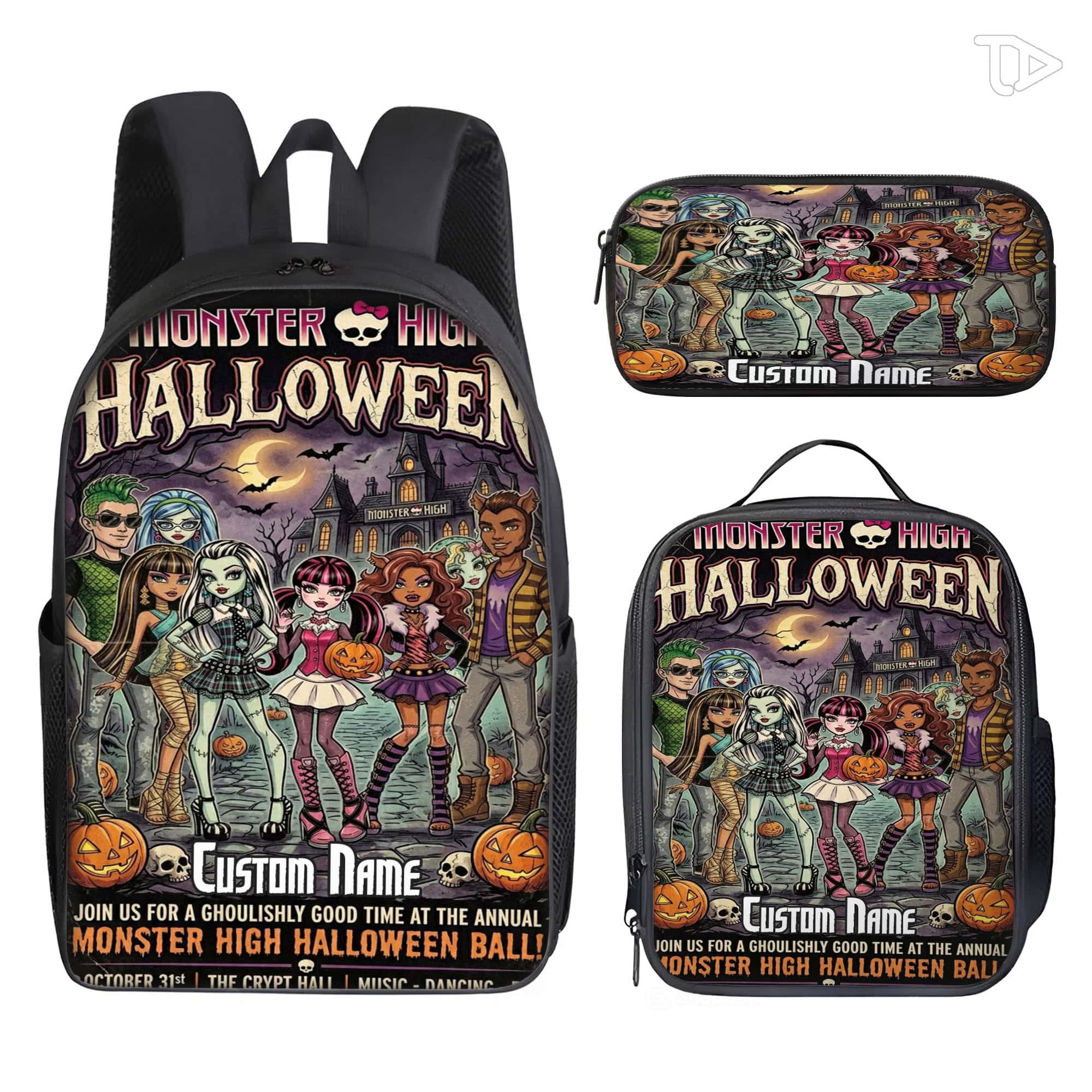 Personalized Spooky Halloween Monster Friends 3-Piece Backpack Set for Kids Custom Name School Bookbag with Insulated Lunch Bag & Pencil Ca