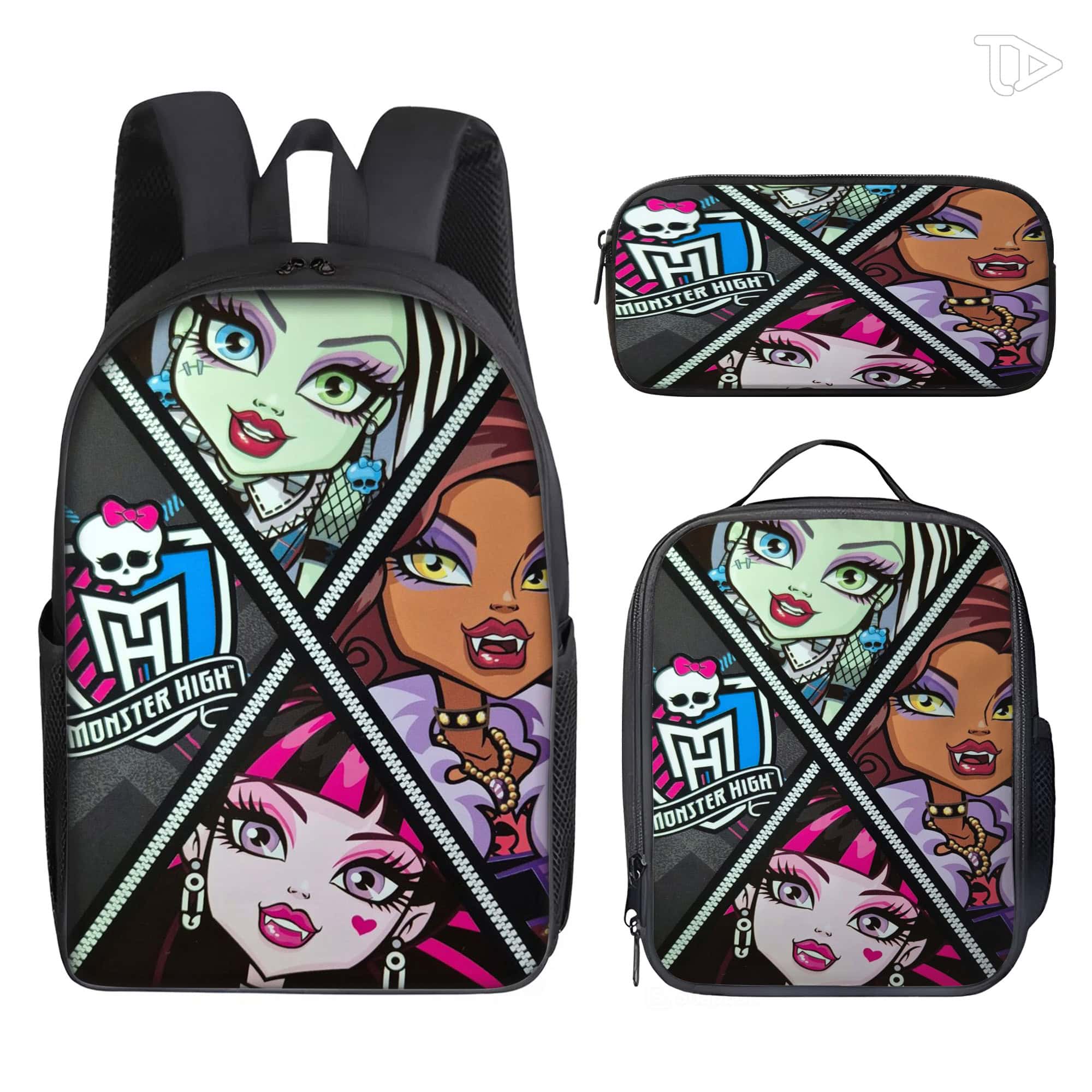 Personalized Cute Gothic Monster Trio 3-Piece Backpack Set for Kids Custom Name School Bookbag with Insulated Lunch Bag & Pencil Case