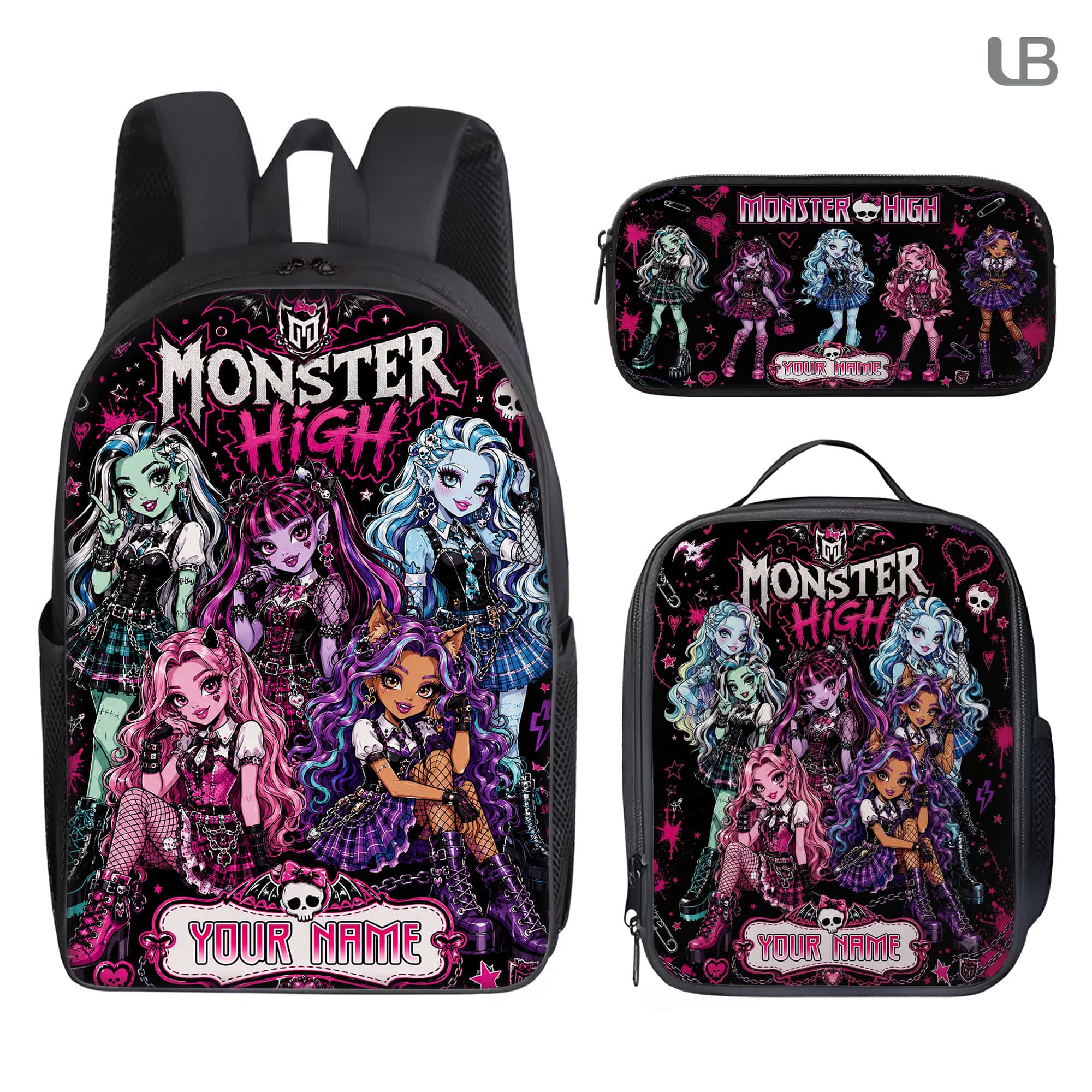 Custom Backpack Set Monster-High Lunch Bag Y2K Doll Pencil Case Gift Kids