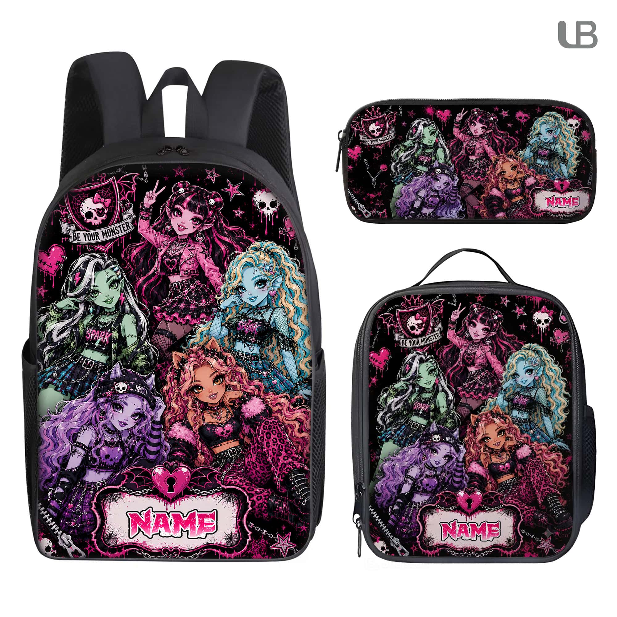 Custom Backpack Set Monster-High Lunch Bag Y2K Doll Pencil Case Gift Kids