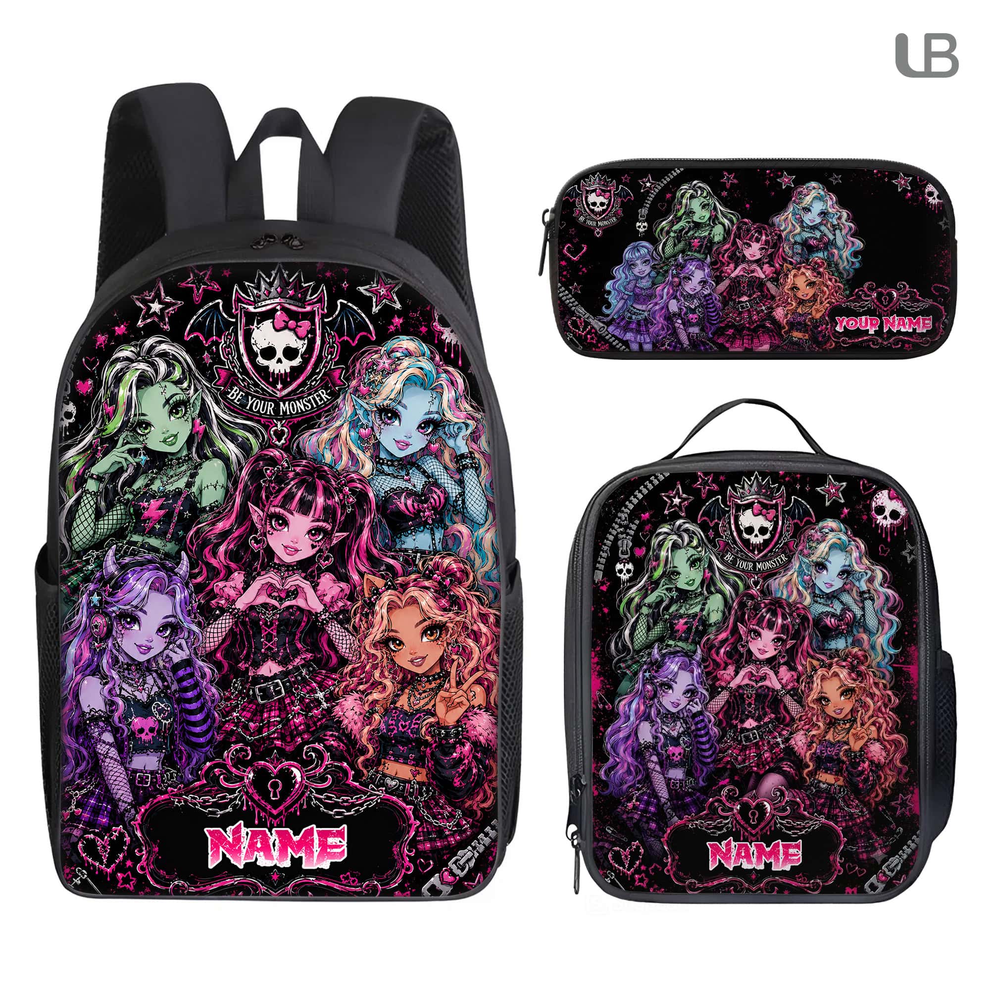Custom Backpack Set Monster-High Lunch Bag Y2K Doll Pencil Case Gift Kids