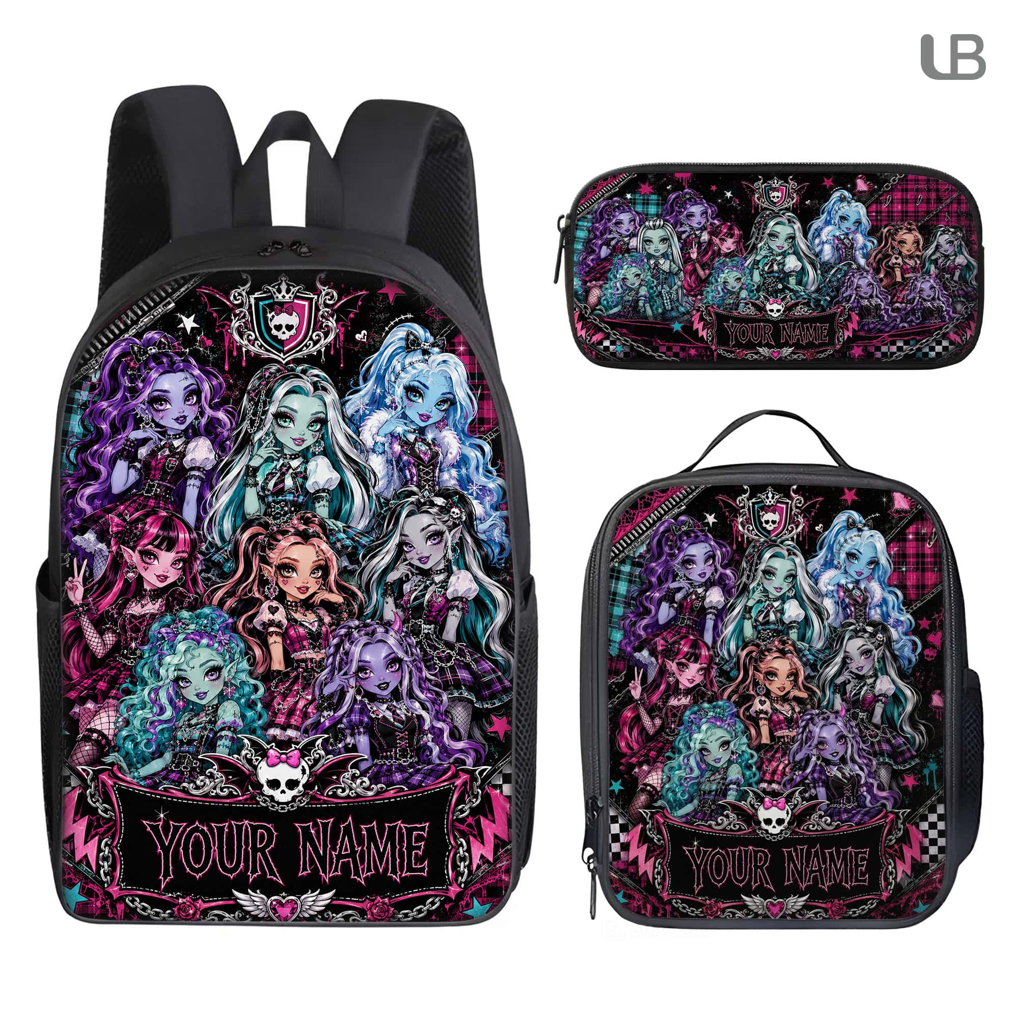Custom Backpack Set Monster-High Lunch Bag Y2K Doll Pencil Case Gift Kids