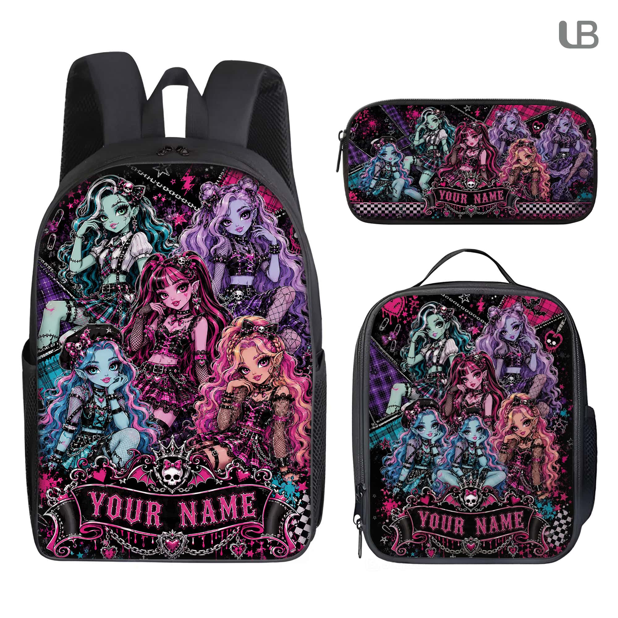 Custom Backpack Set Monster-High Lunch Bag Y2K Doll Pencil Case Gift Kids