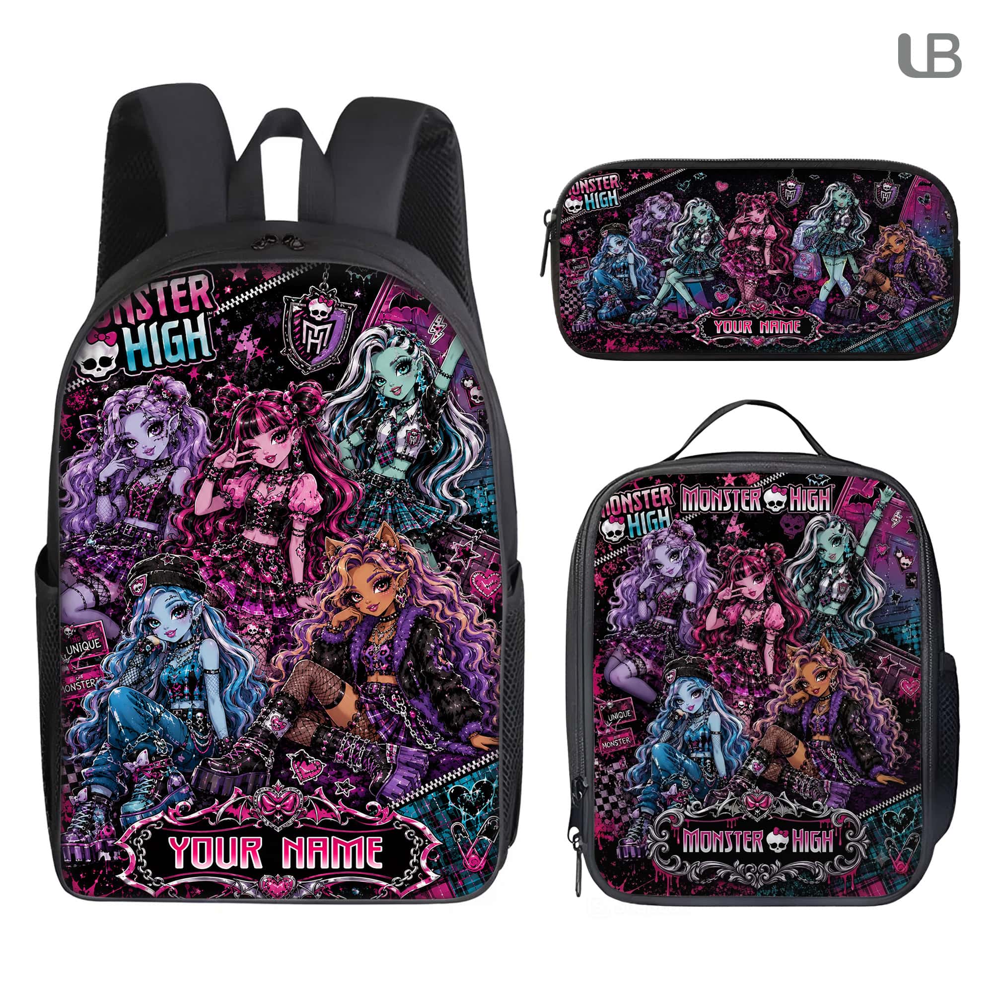 Custom Backpack Set Monster-High Lunch Bag Y2K Doll Pencil Case Gift Kids