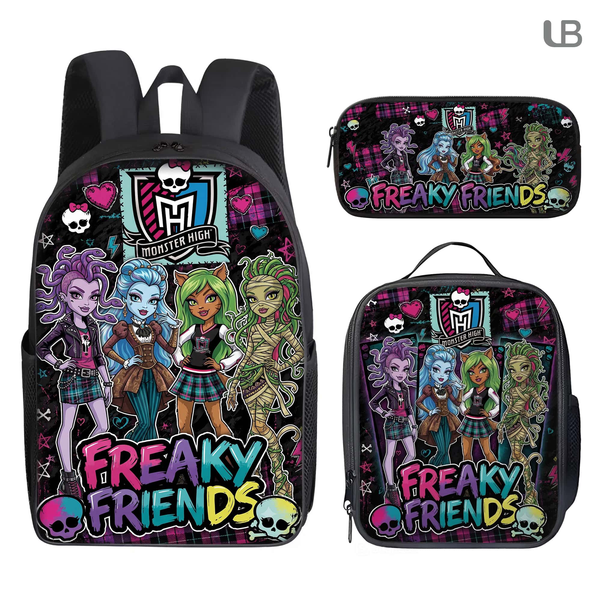 Custom Backpack Set Monster-High Lunch Bag Y2K Doll Pencil Case Gift Kids