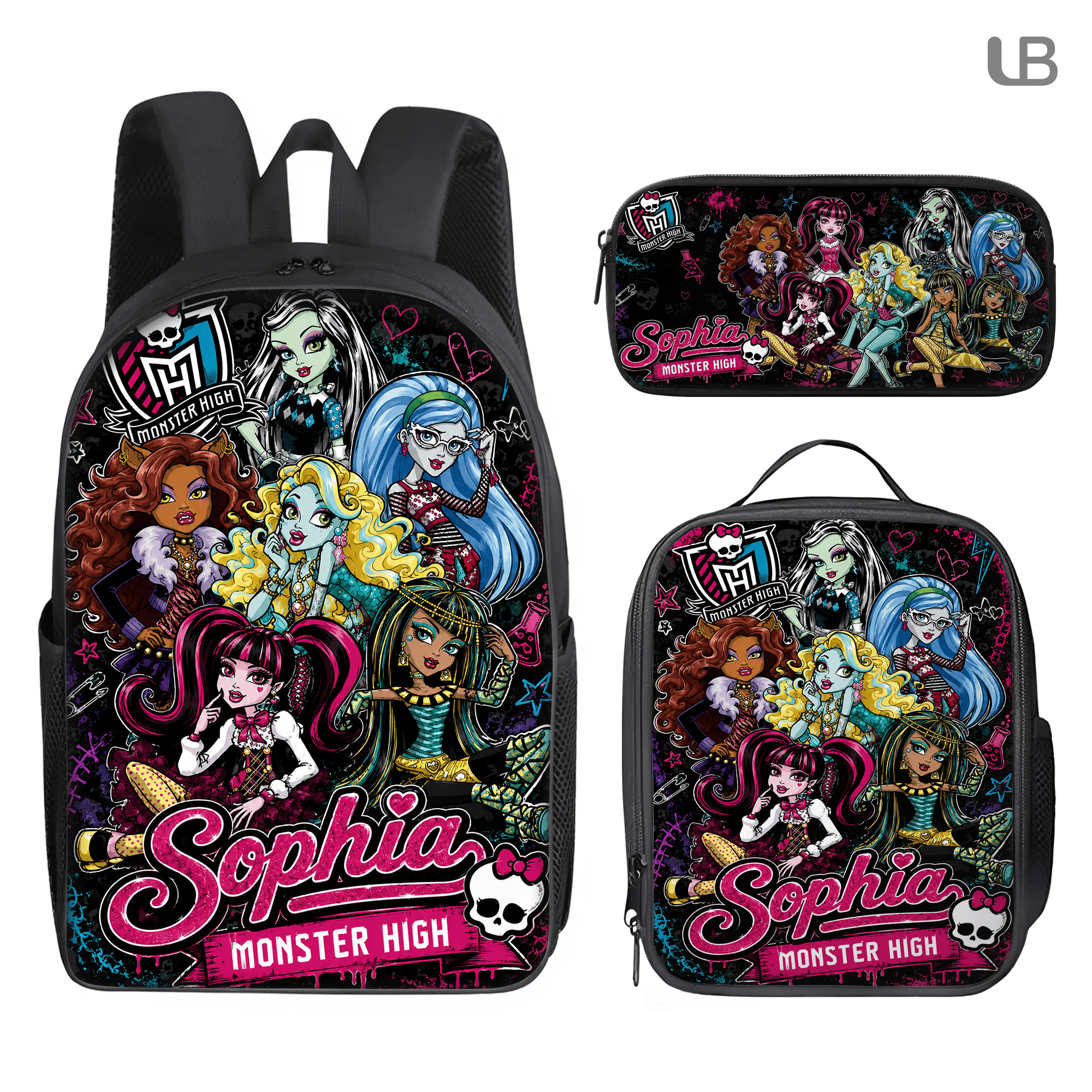 Custom Backpack Set Monster-High Lunch Bag Y2K Doll Pencil Case Gift Kids