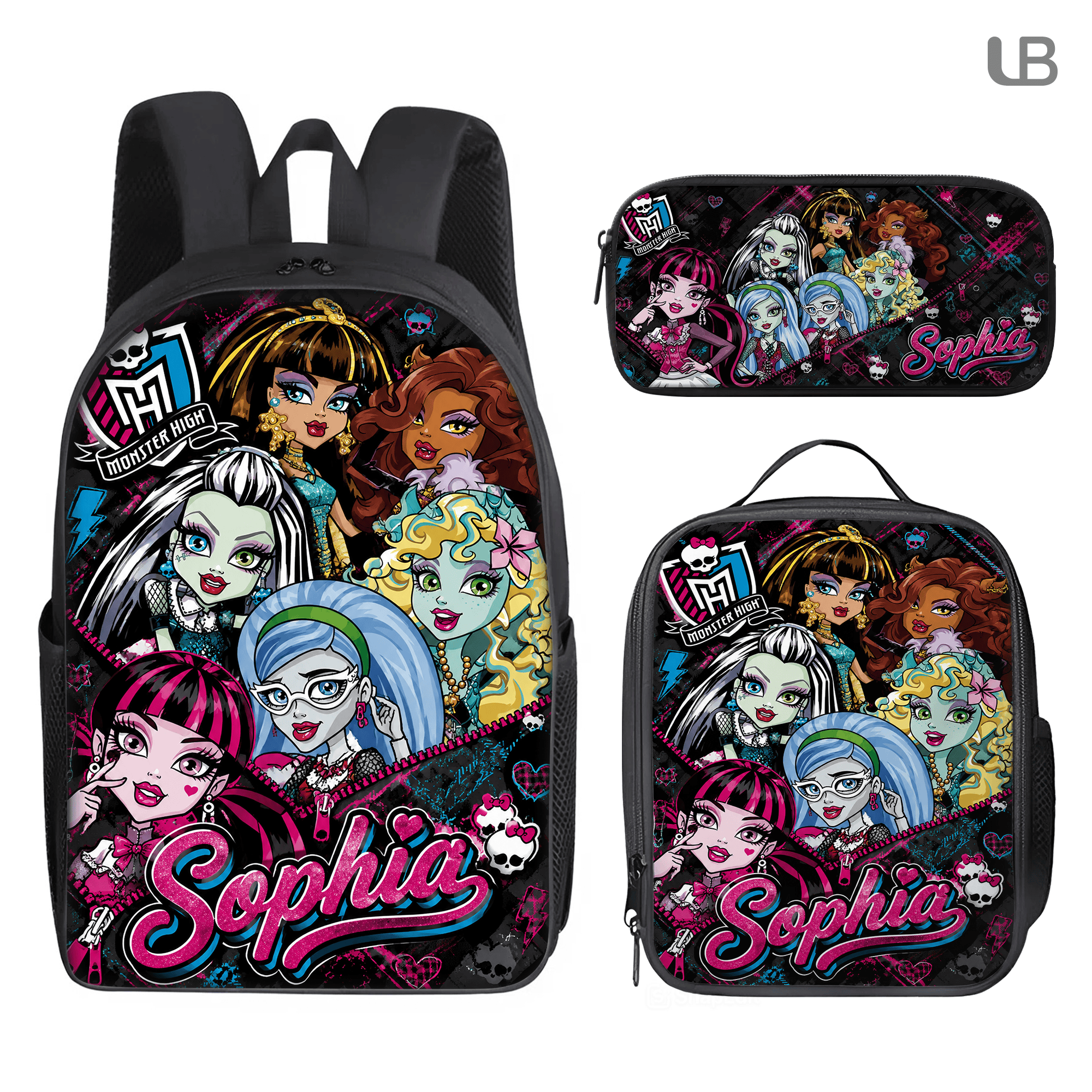 Custom Backpack Set Monster-High Lunch Bag Y2K Doll Pencil Case Gift Kids