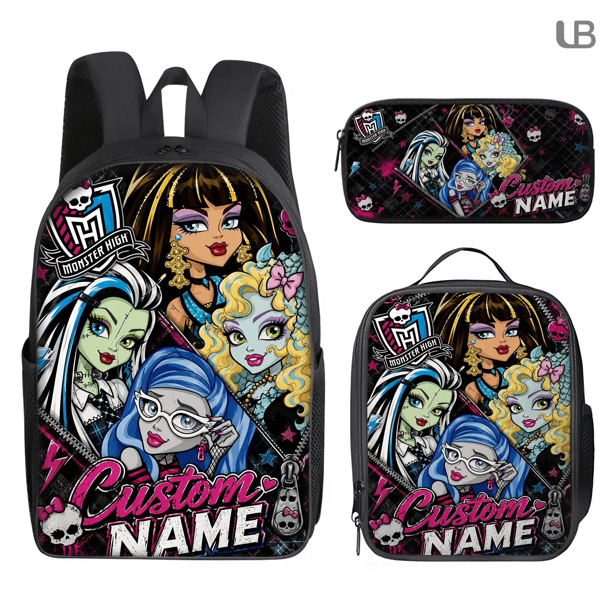 Custom Backpack Set Monster-High Lunch Bag Y2K Doll Pencil Case Gift Kids