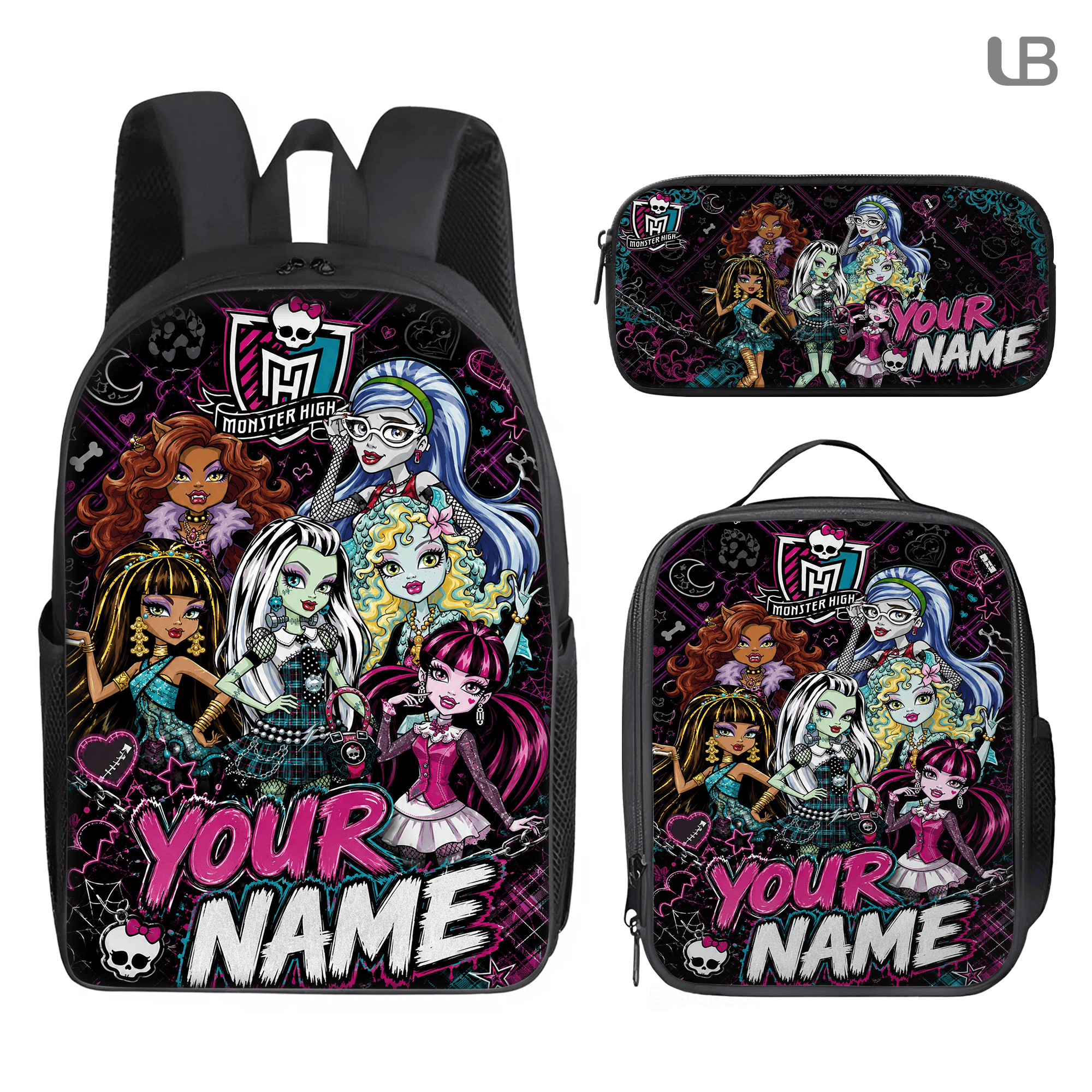 Custom Backpack Set Monster-High Lunch Bag Y2K Doll Pencil Case Gift Kids