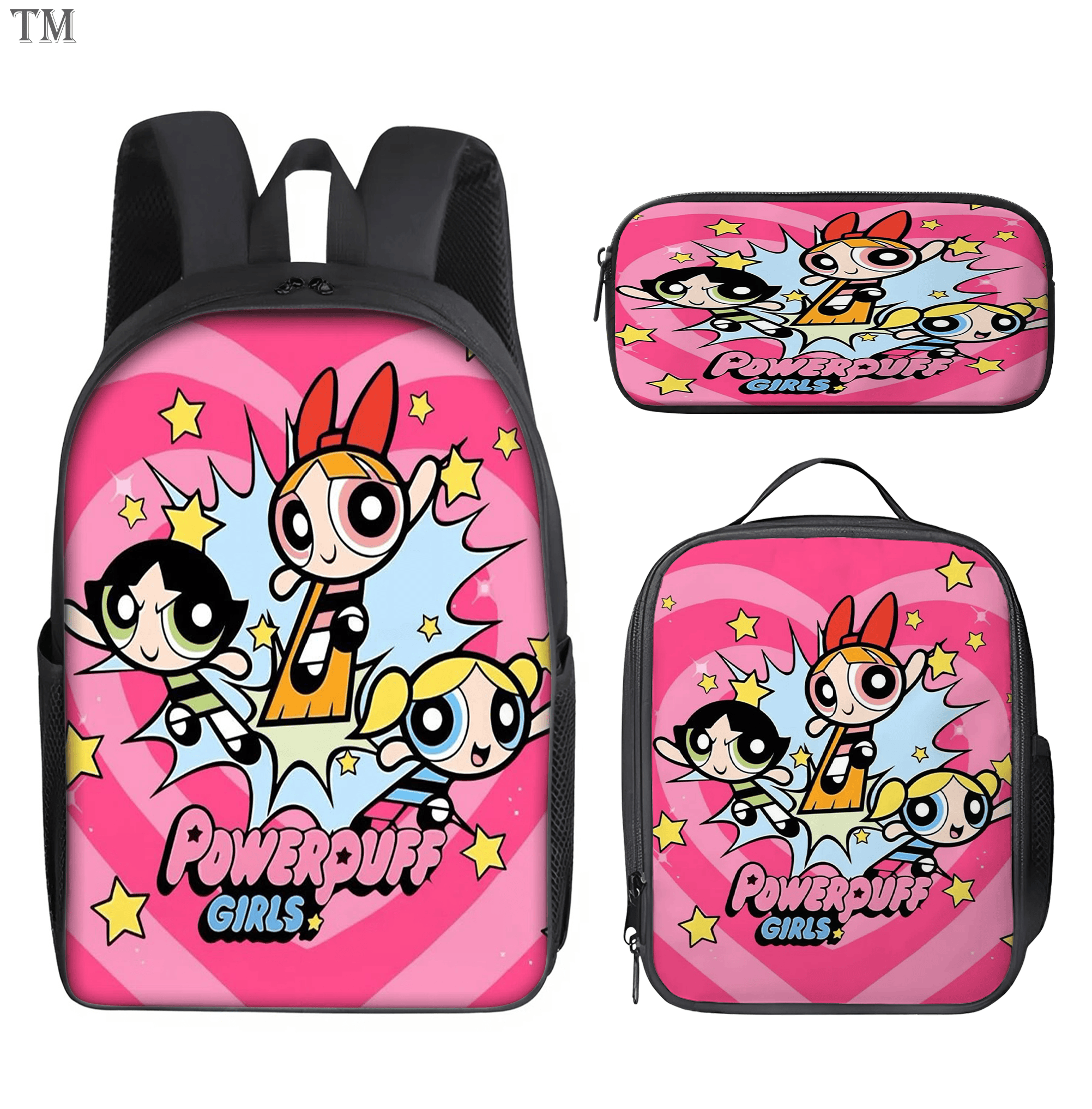 Powerpuff Girls Backpack 3 Pcs Set Kids School Bag Lunch Box Pencil Case Bookbag