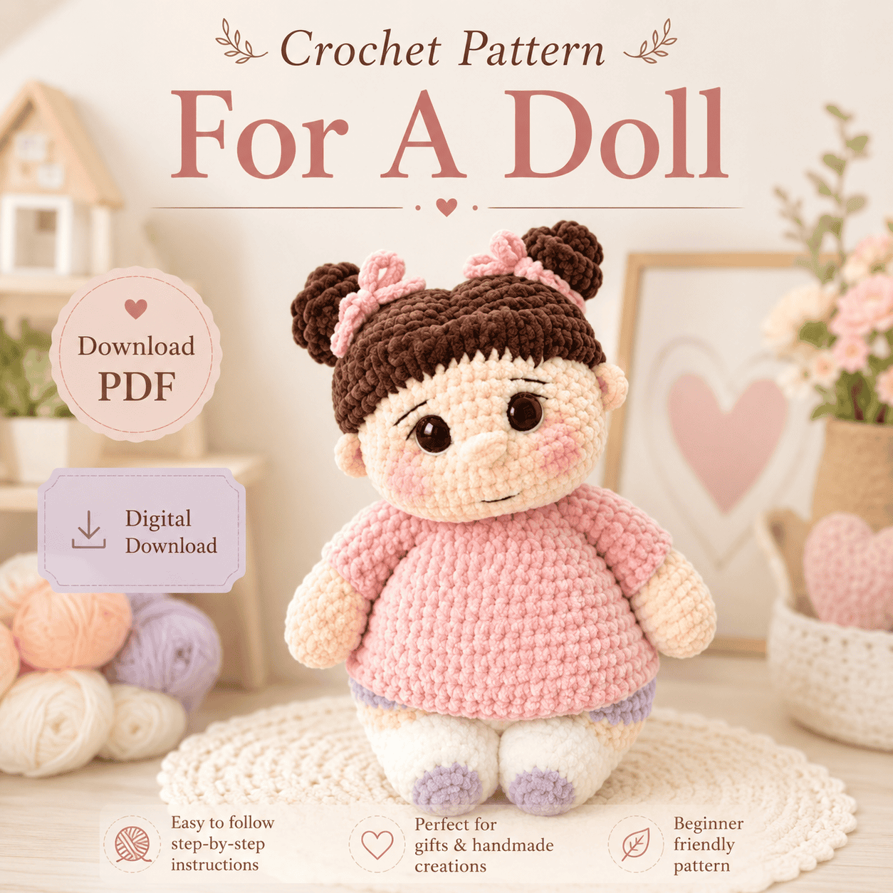 w1 (1) Crochet Pattern Cute Doll Amigurumi, Kawaii Crochet Girl Doll Tutorial, Handmade Plush Toy Pattern, DIY Doll Making, Digital Download PDF - Image 1