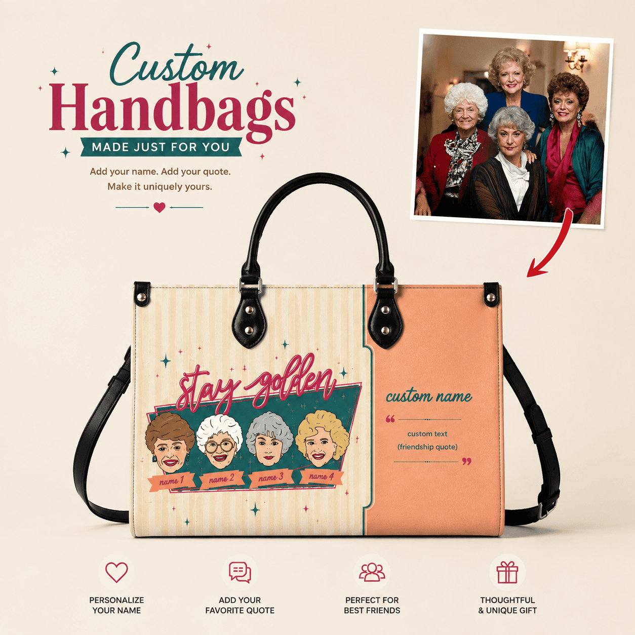 Personalized Best Friend Handbag, Custom 4 Women Friendship Bag, Add Names & Quote, Bestie Gift for Women, Friendship Gift Personalized Best Friend Handbag, Custom Women Friendship Bag, Add Names & Quote, Bestie Gift for Women, Friendship Gift - Image 1
