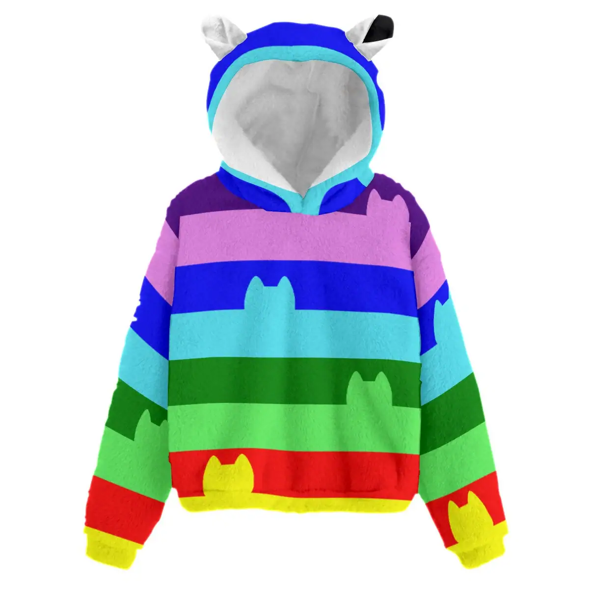 Rainbow Cat Stripes Plush hoodie - Cat Hoodie - Dollhouse- Kid’s Borg Fleece Sweatshirt With Ear