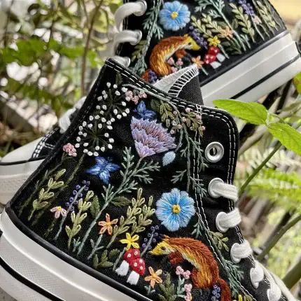 Custom Converse Fox Embroidered Sneakers – Floral Woodland High Tops – Handmade Nature Inspired Wedding Shoes - Image 3