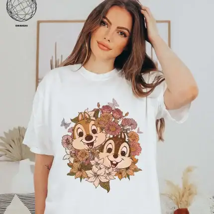 Vintage Disney Floral Chip And Dale Shirt, Chip and Dale Flower Shirt, Disney Family Vacation Shirt, Disney Couple Shirt, Disneyland Shirt - Image 3