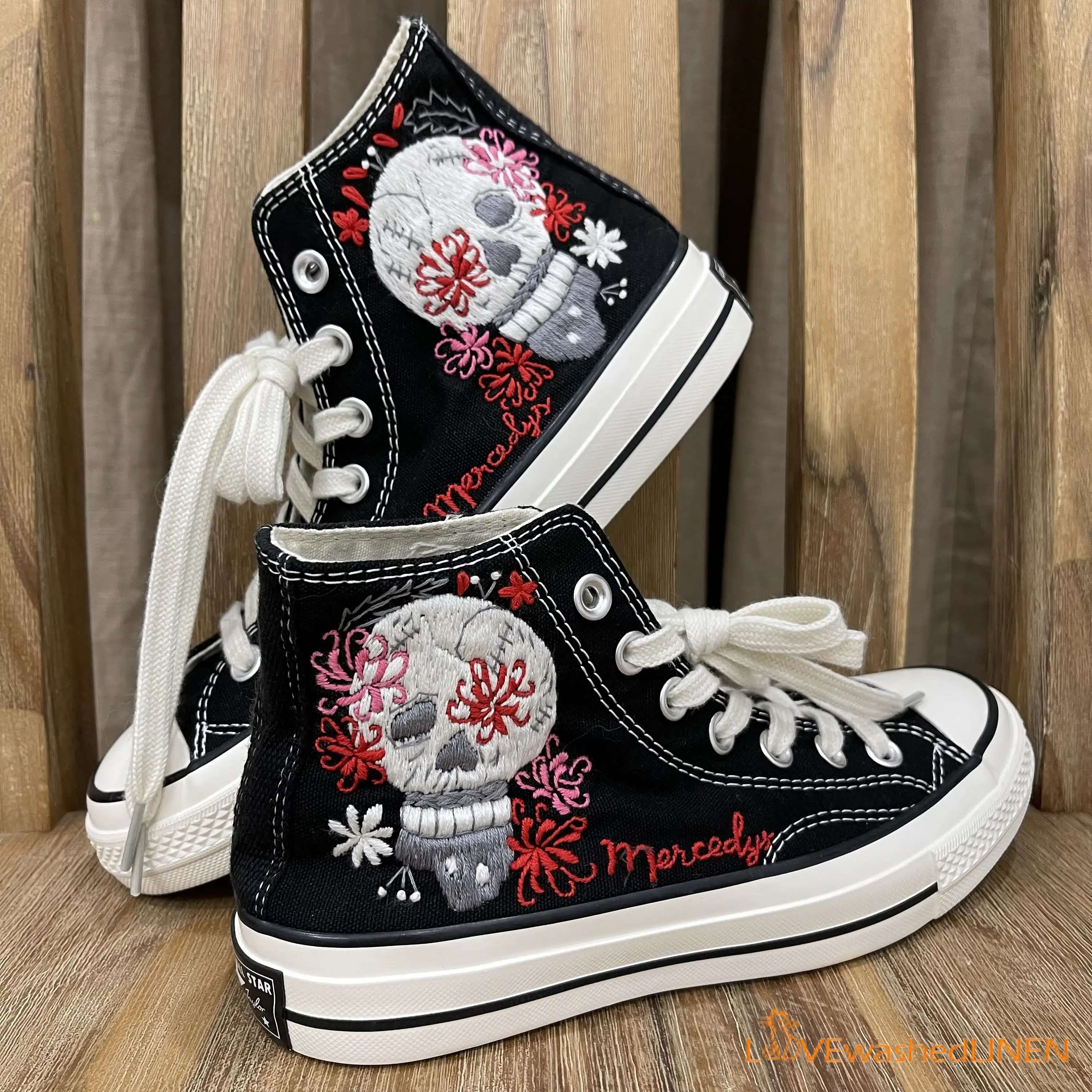 Custom Embroidered High Top Sneakers: Sugar Skull Art - Image 3