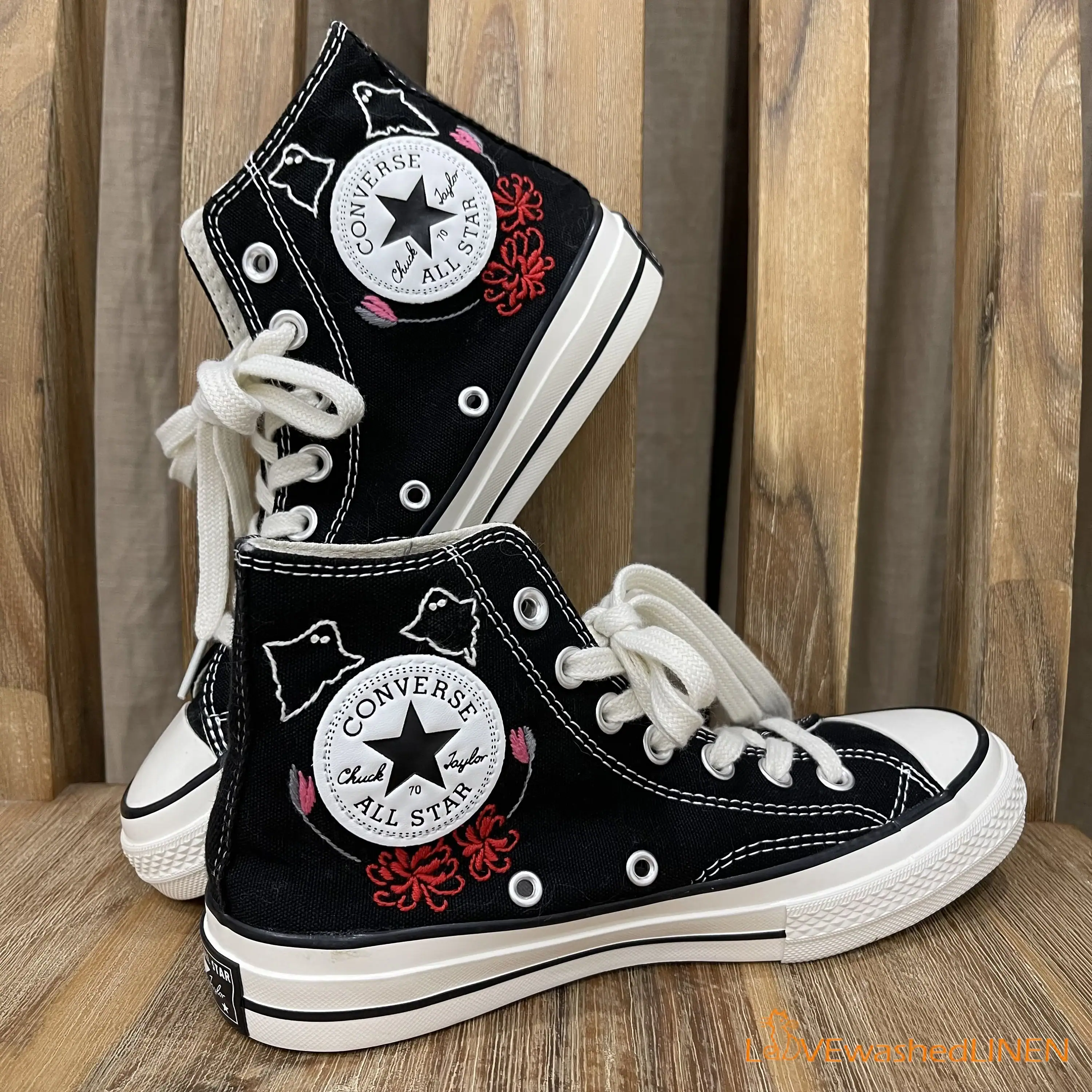Custom Embroidered High Top Sneakers: Sugar Skull Art - Image 4