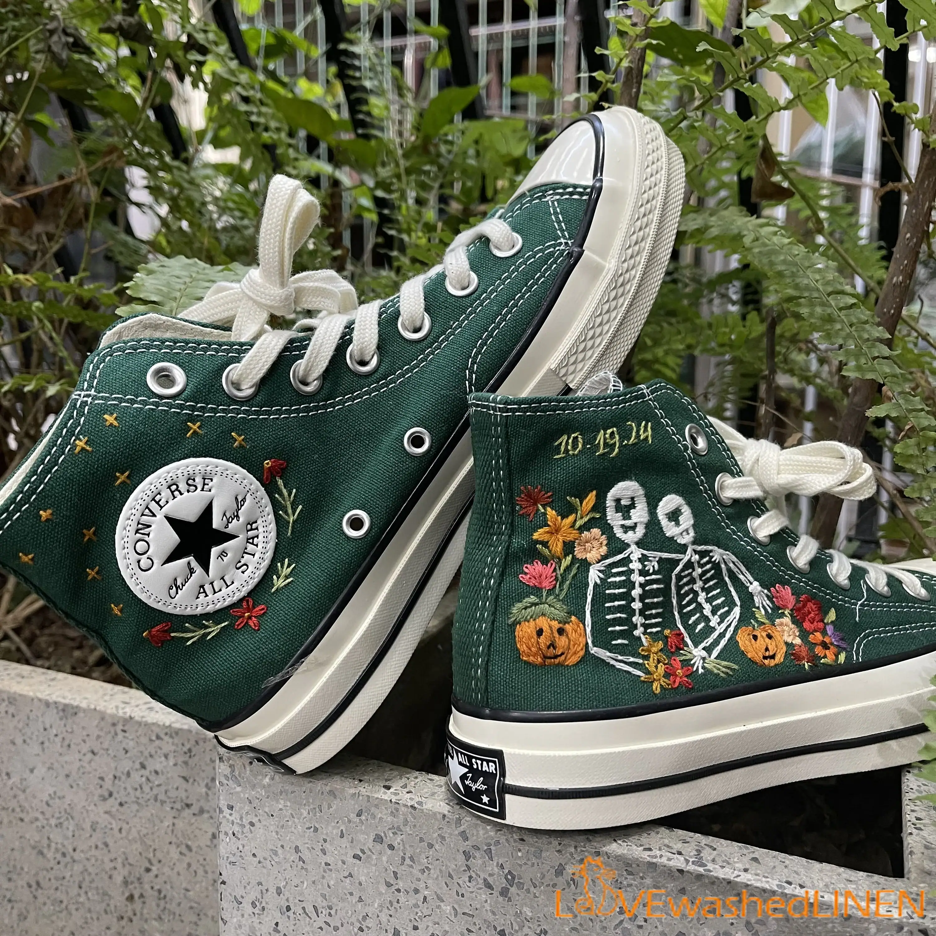 Skeleton & Pumpkin Embroidered Converse: Gothic Halloween Wedding Shoes - Image 3