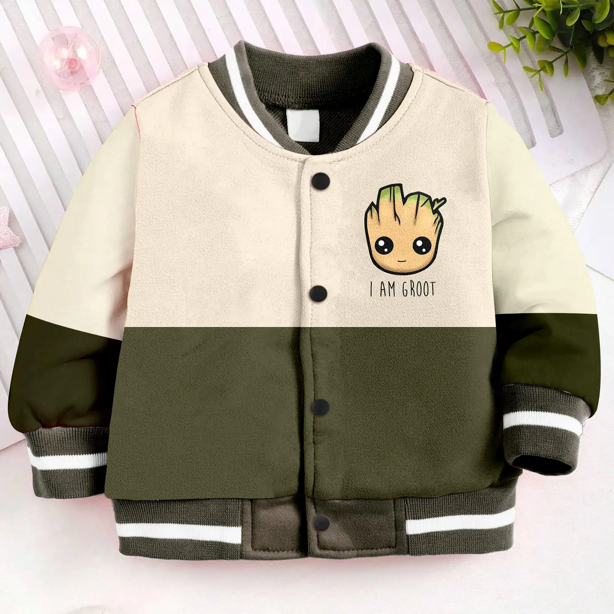 Groot Kids Varsity Jacket, Cartoon Patch Unisex Baseball Jacket