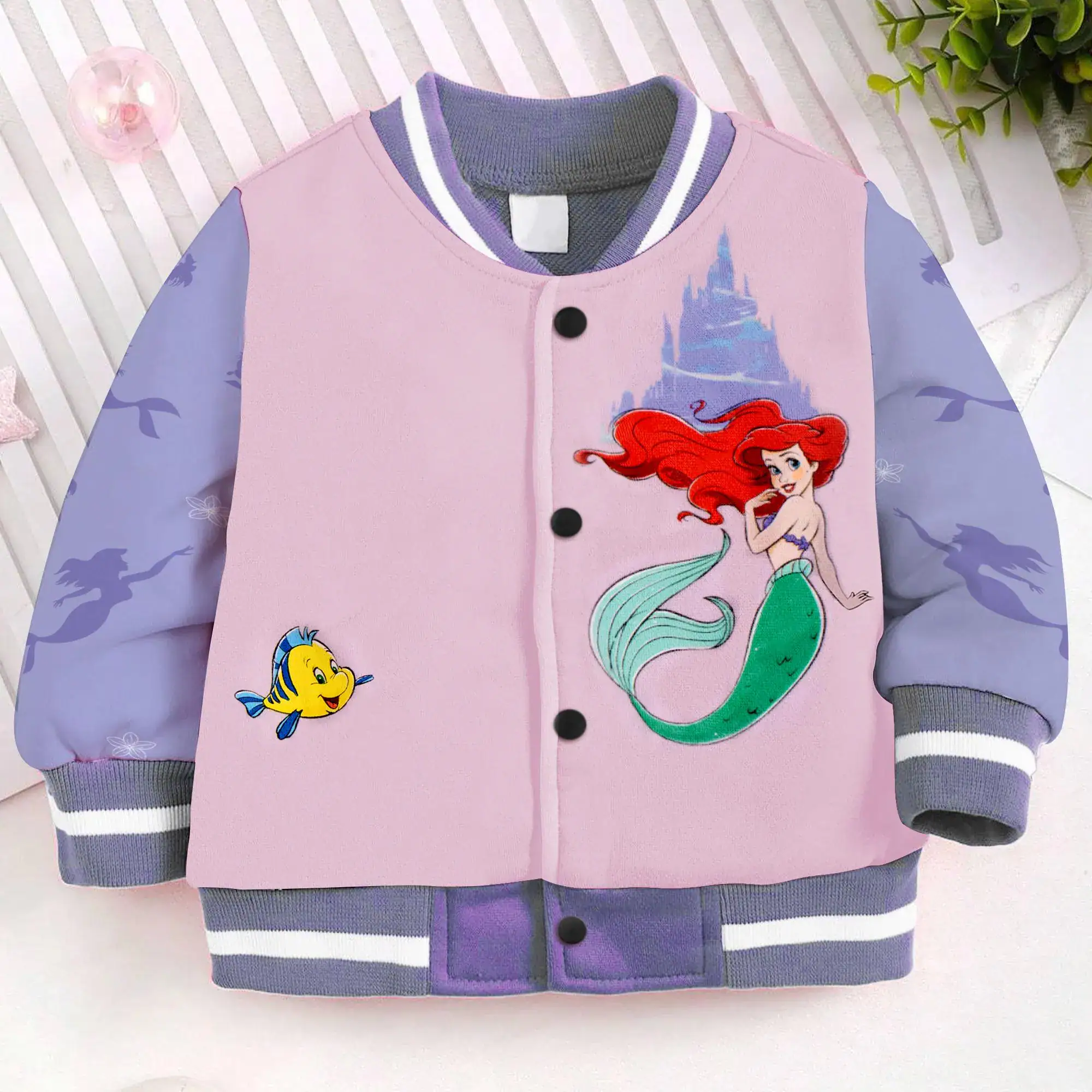 Ariel Little Mermaid Princess Kids and Youth Baseball Jacket, Aldult Unisex Varsity Baseball Jacket