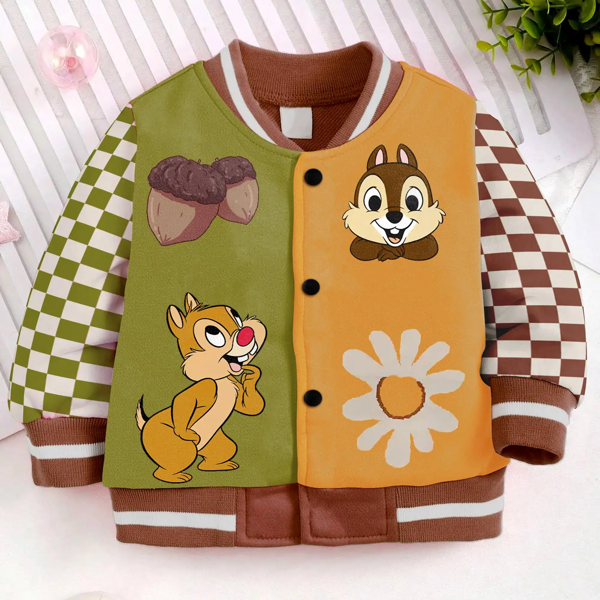 Chip and Dale Varsity Jacket, Checkered Sleeve Cartoon Jacket