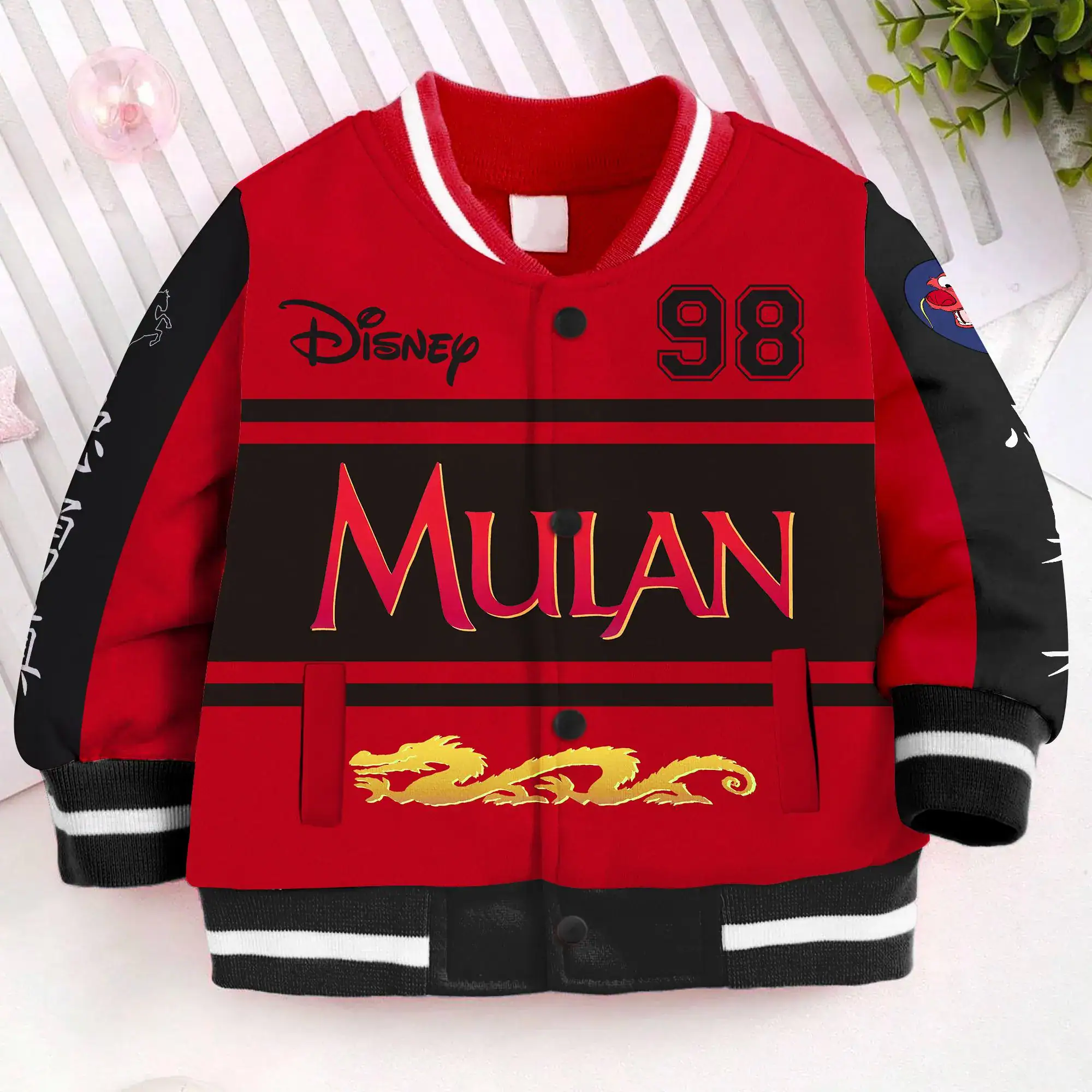 Mulan Mushu Dragon Kids and Youth Baseball Jacket, Aldult Unisex Varsity Baseball Jacket