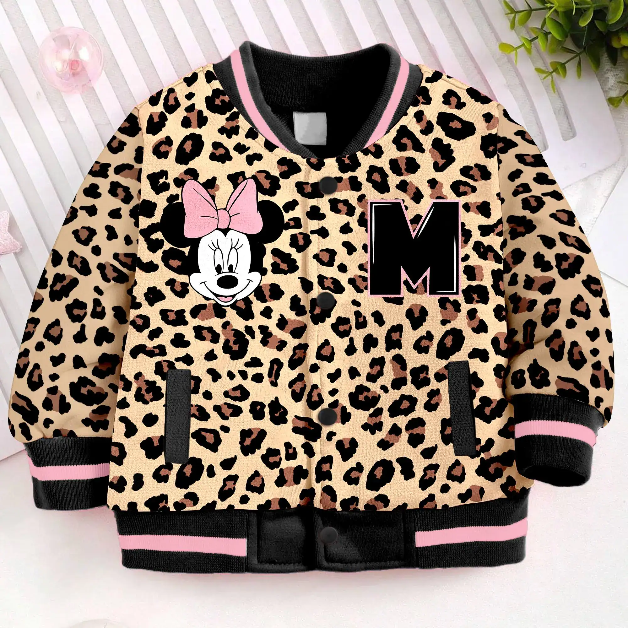 Minnie Valentine Pink With Leopard Animal Kingdom Classic Kids and Youth Baseball Jacket, Aldult Unisex Varsity Baseball Jacket