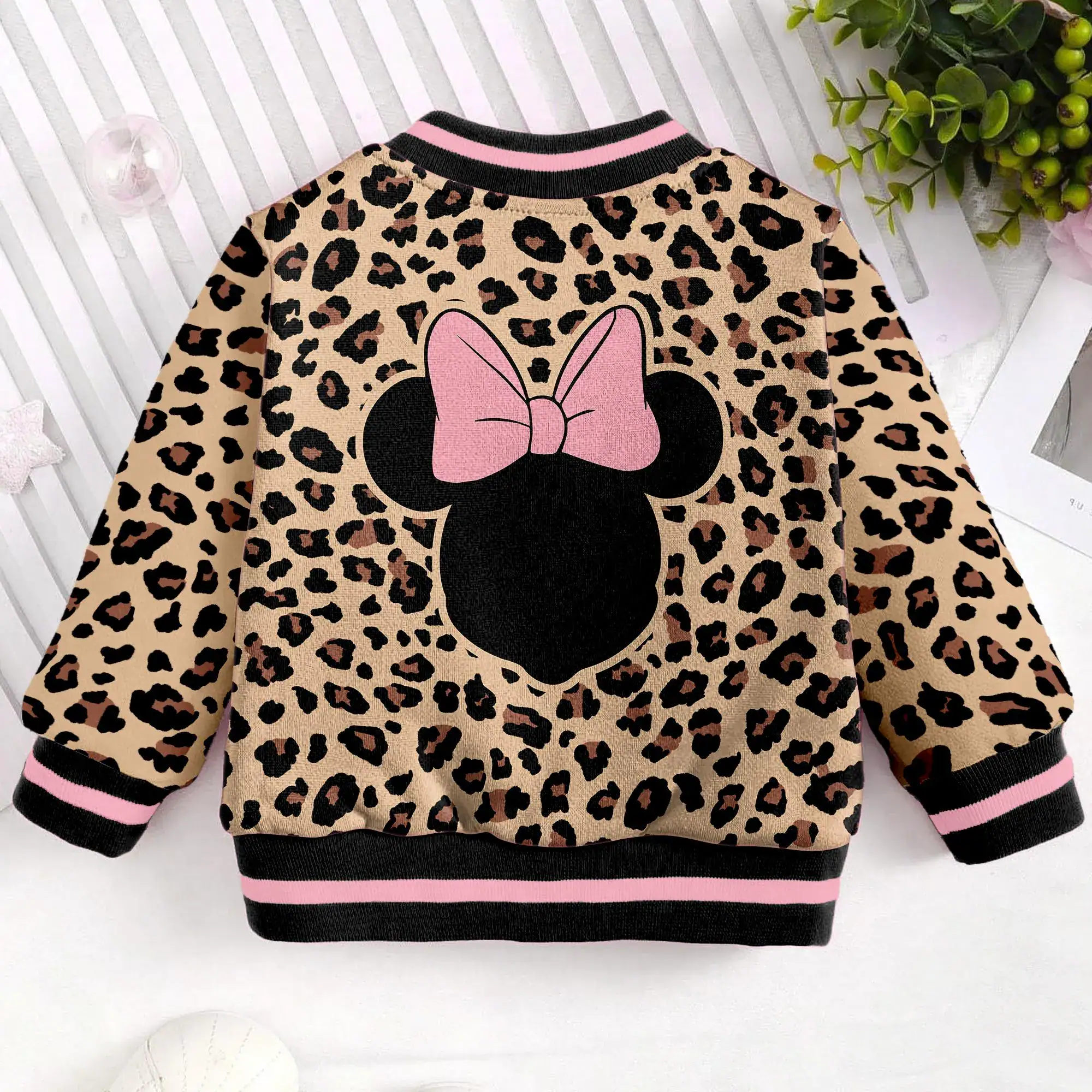 Minnie Valentine Pink With Leopard Animal Kingdom Classic Kids and Youth Baseball Jacket, Aldult Unisex Varsity Baseball Jacket - Image 2