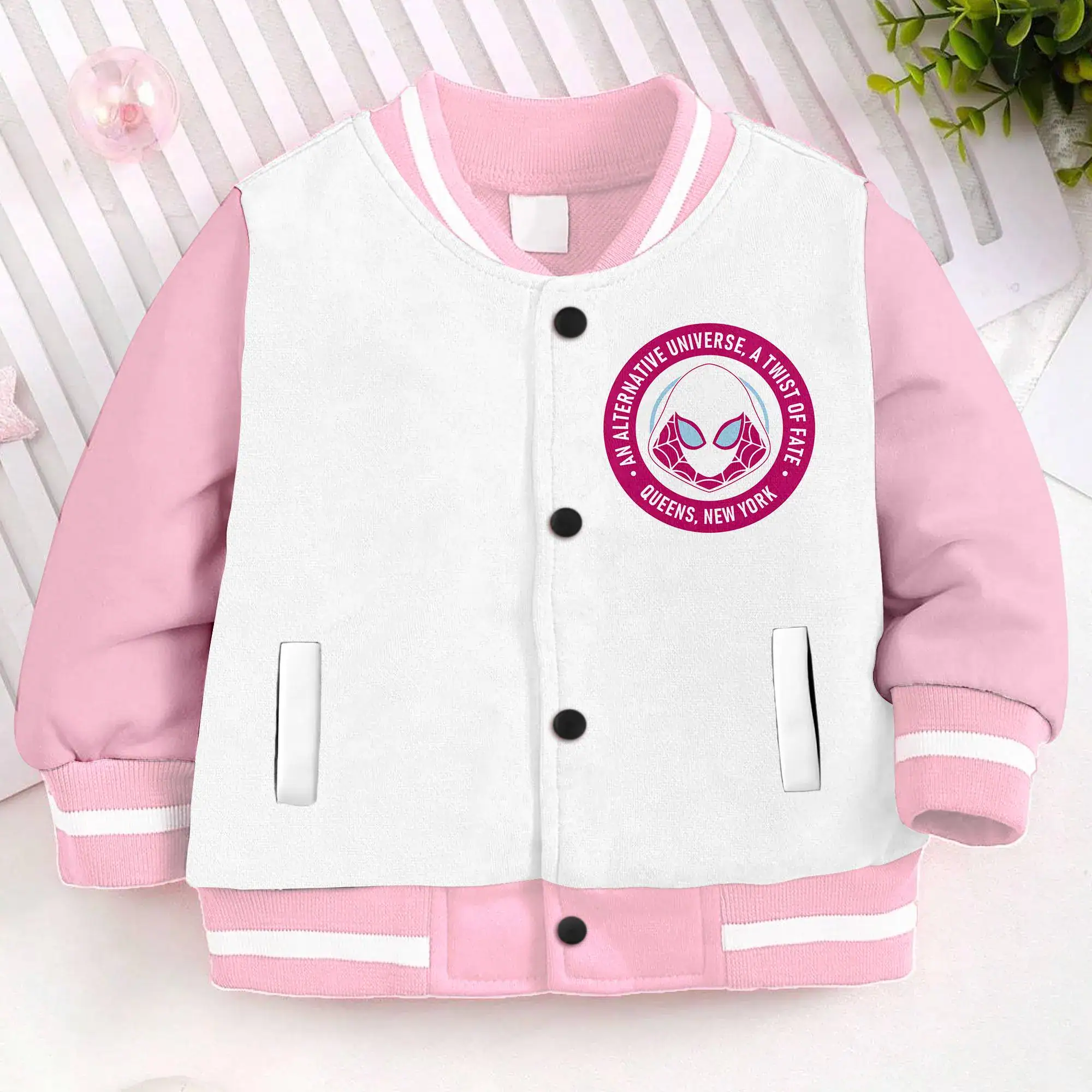 Ghost Spider Gwen Stacy Spider-man Kids and Youth Baseball Jacket, Aldult Unisex Varsity Baseball Jacket - Image 2