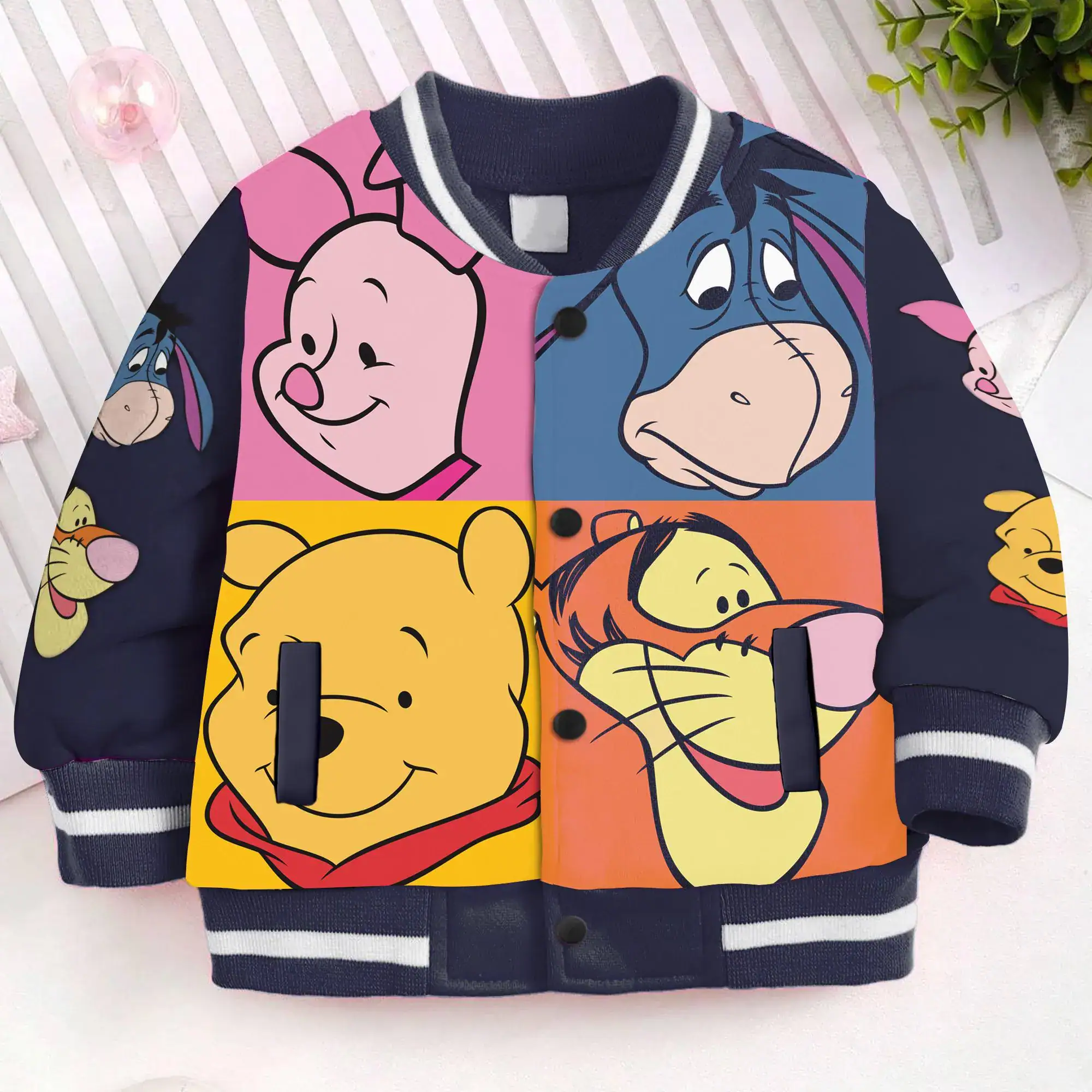 Pooh Piglet Eeyore Tigger Team Big Face Kids and Youth Baseball Jacket, Aldult Unisex Varsity Baseball Jacket