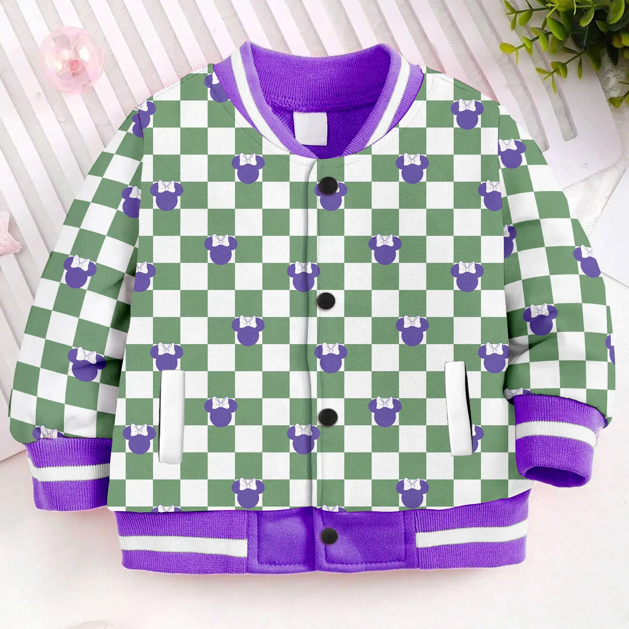 Minnie Mouse Checkeredboard Pattern Kids and Youth Baseball Jacket, Aldult Unisex Varsity Baseball Jacket