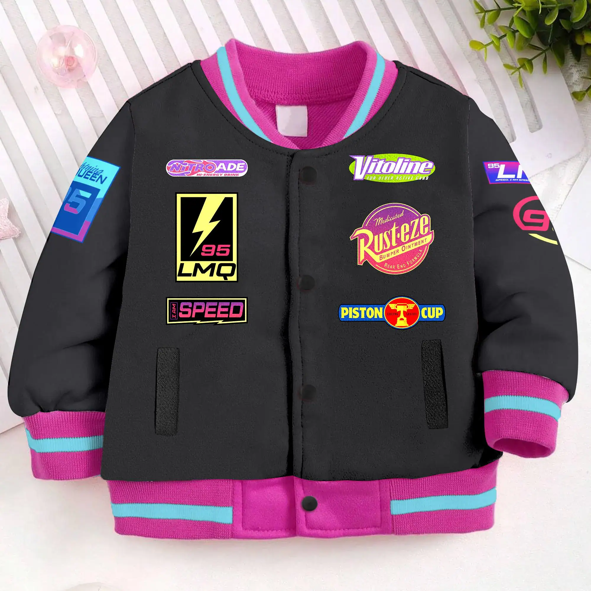 Lighting McQueen 95 90s Nite Night Kids and Youth Baseball Jacket, Aldult Unisex Varsity Baseball Jacket - Image 2
