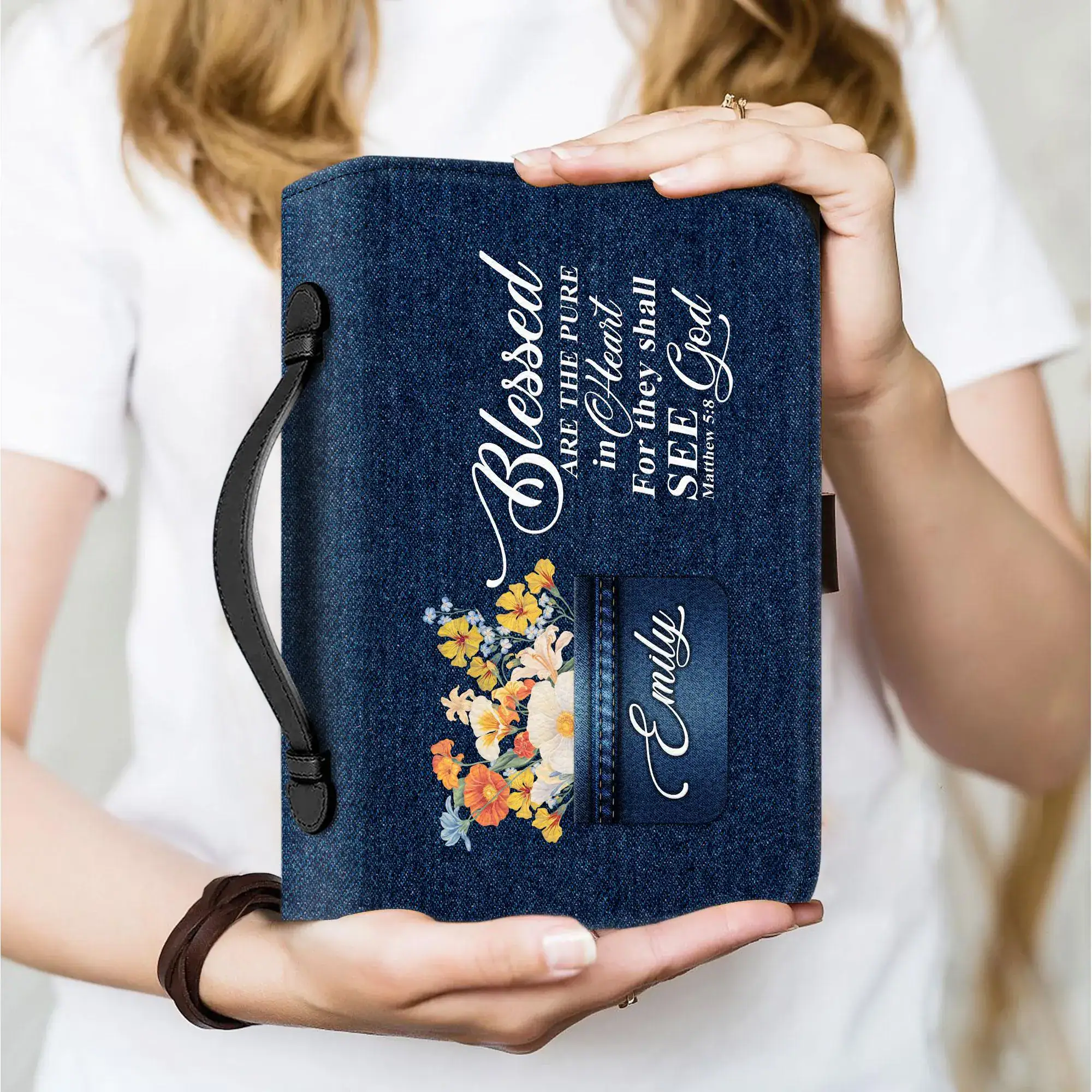 Personalized Bible Cover Custom Name, Christian Mother’s Day Gift, Leather Bible Case, Blessed Are the Pure in Heart, Denim Bag - Image 5