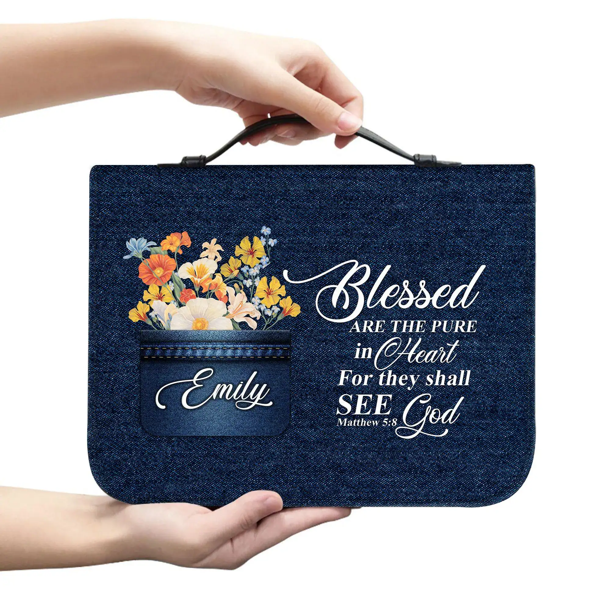 Personalized Bible Cover Custom Name, Christian Mother’s Day Gift, Leather Bible Case, Blessed Are the Pure in Heart, Denim Bag - Image 4