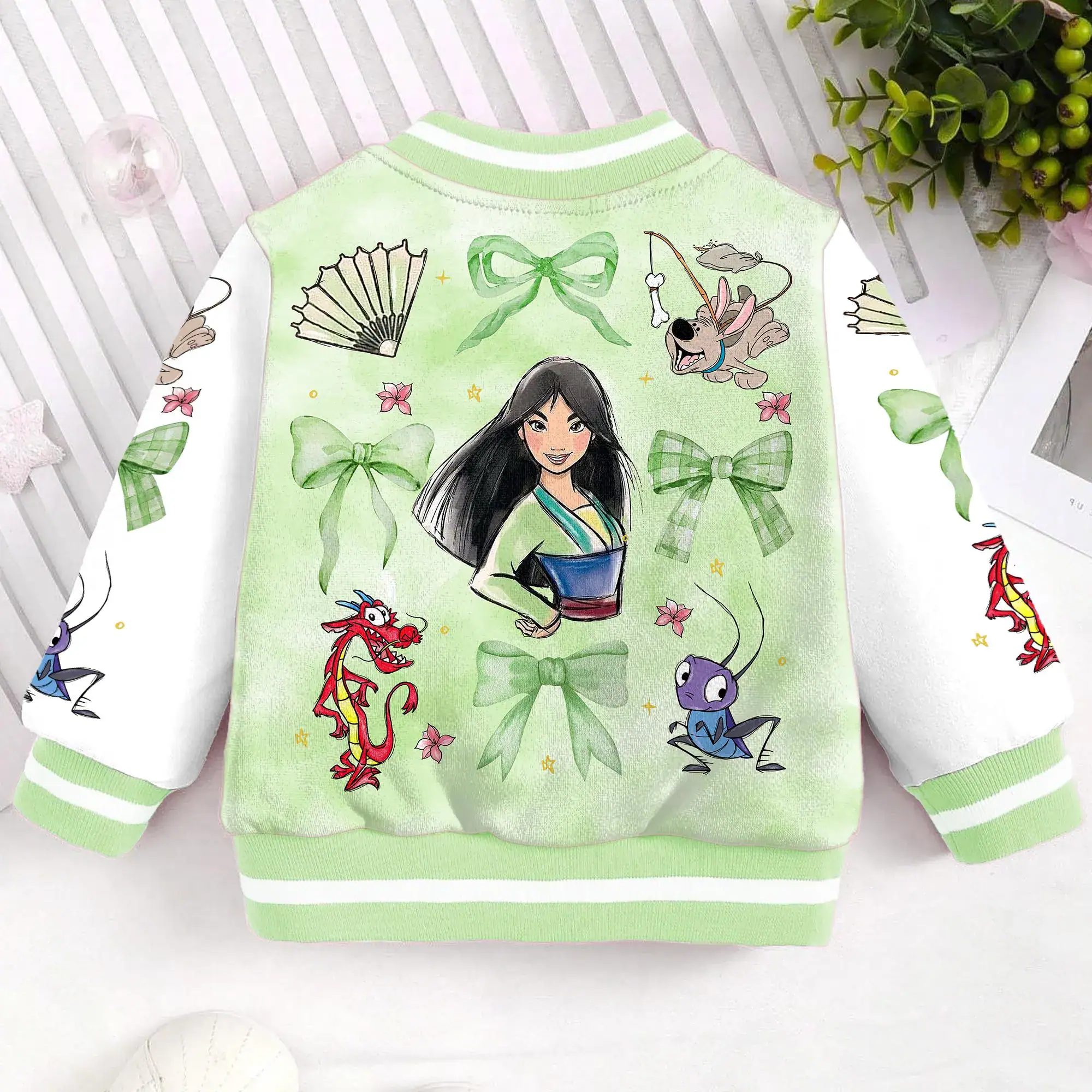 Mulan Mushu Dragon Cricket Locket Coquette Bow Kids and Youth Baseball Jacket, Aldult Unisex Varsity Baseball Jacket