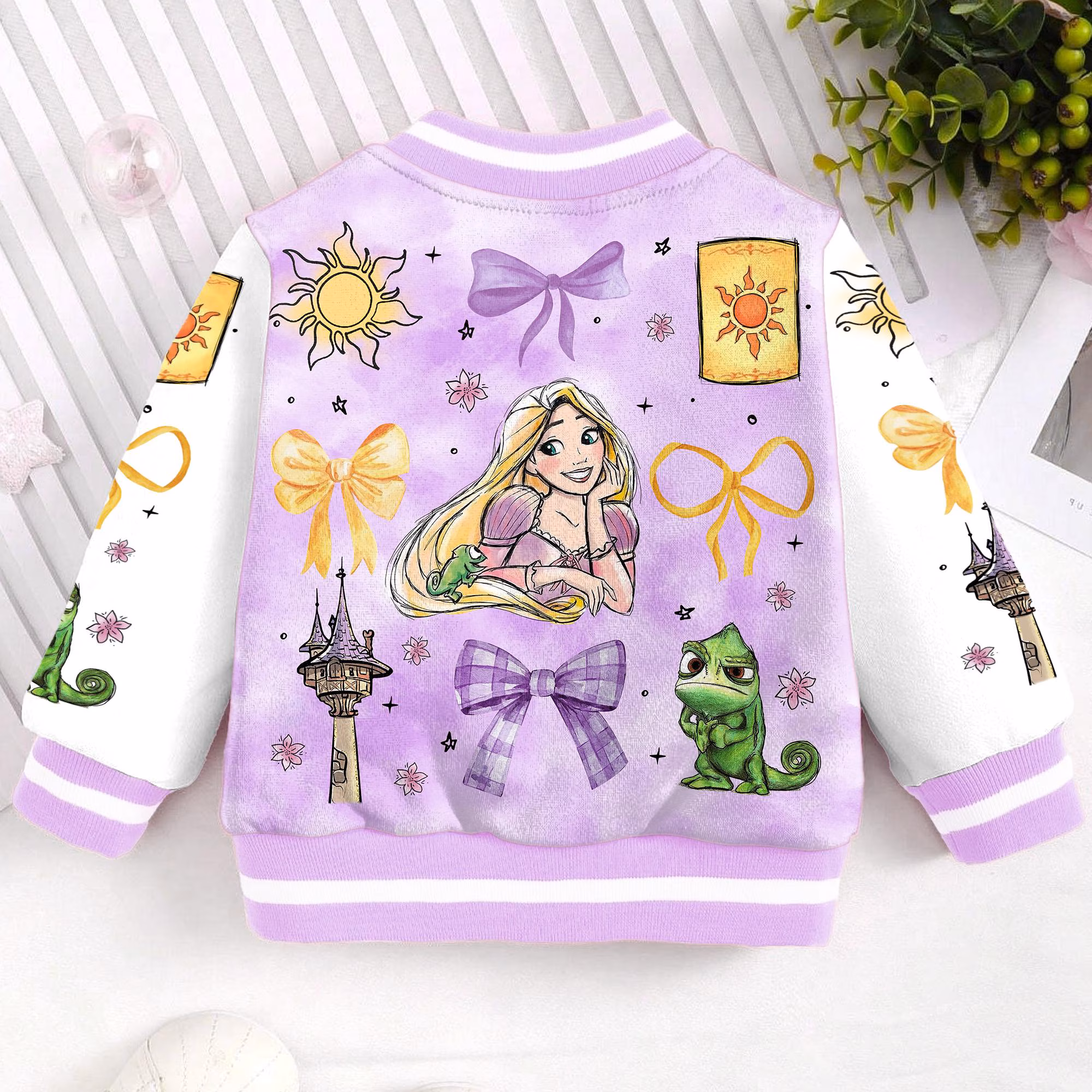 Rapunzel Pascal Tangled Locket Coquette Bow Kids and Youth Baseball Jacket, Aldult Unisex Varsity Baseball Jacket
