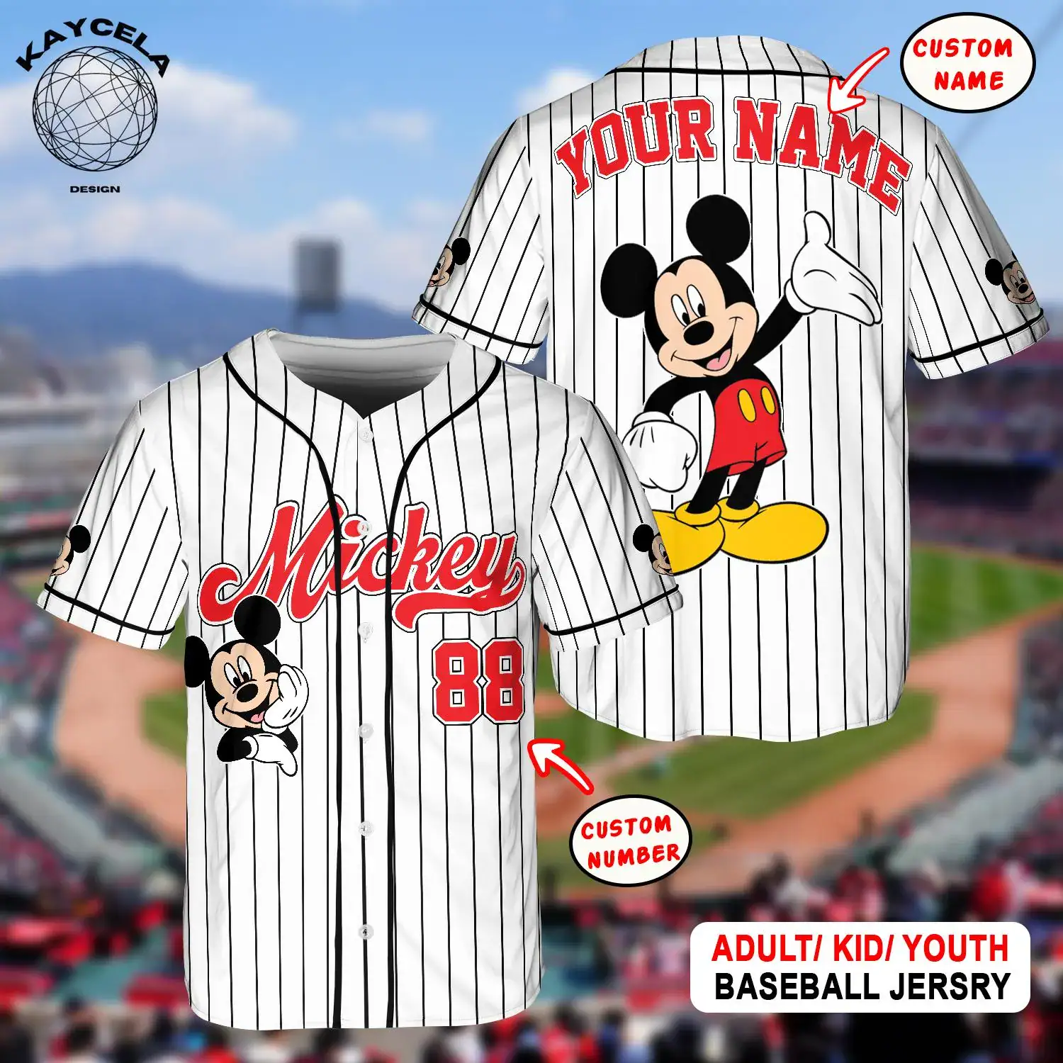 Personalize Disney Mickey Cute Striped White, Custom Kid Youth Adult Baseball Jersey, Baseball Team, Mickey Birthday, Gift for Disney Fans