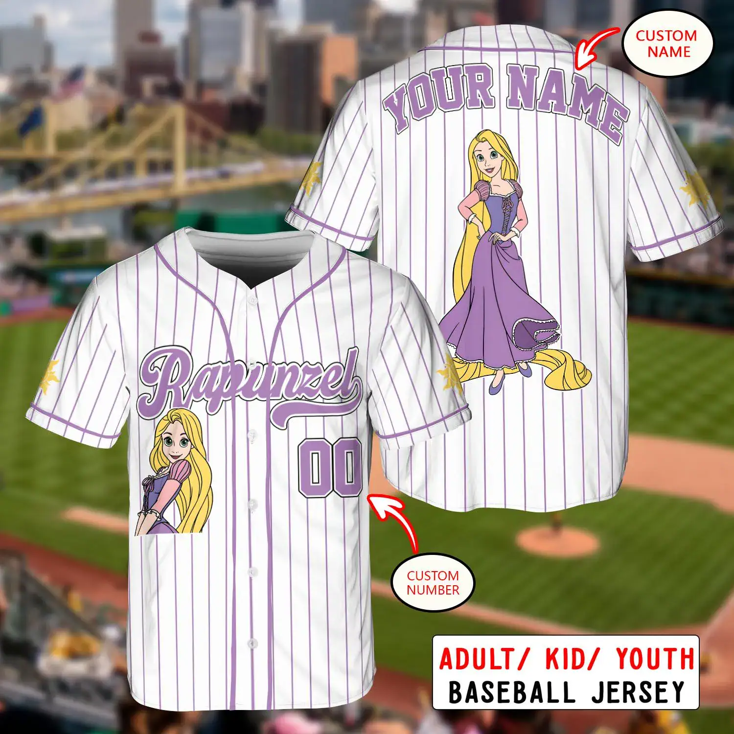 Custom Disney Princess Rapunzel Tangled Jersey, Disney Baseball Jersey Sports Outfits Cute Gifts For Fans Disney