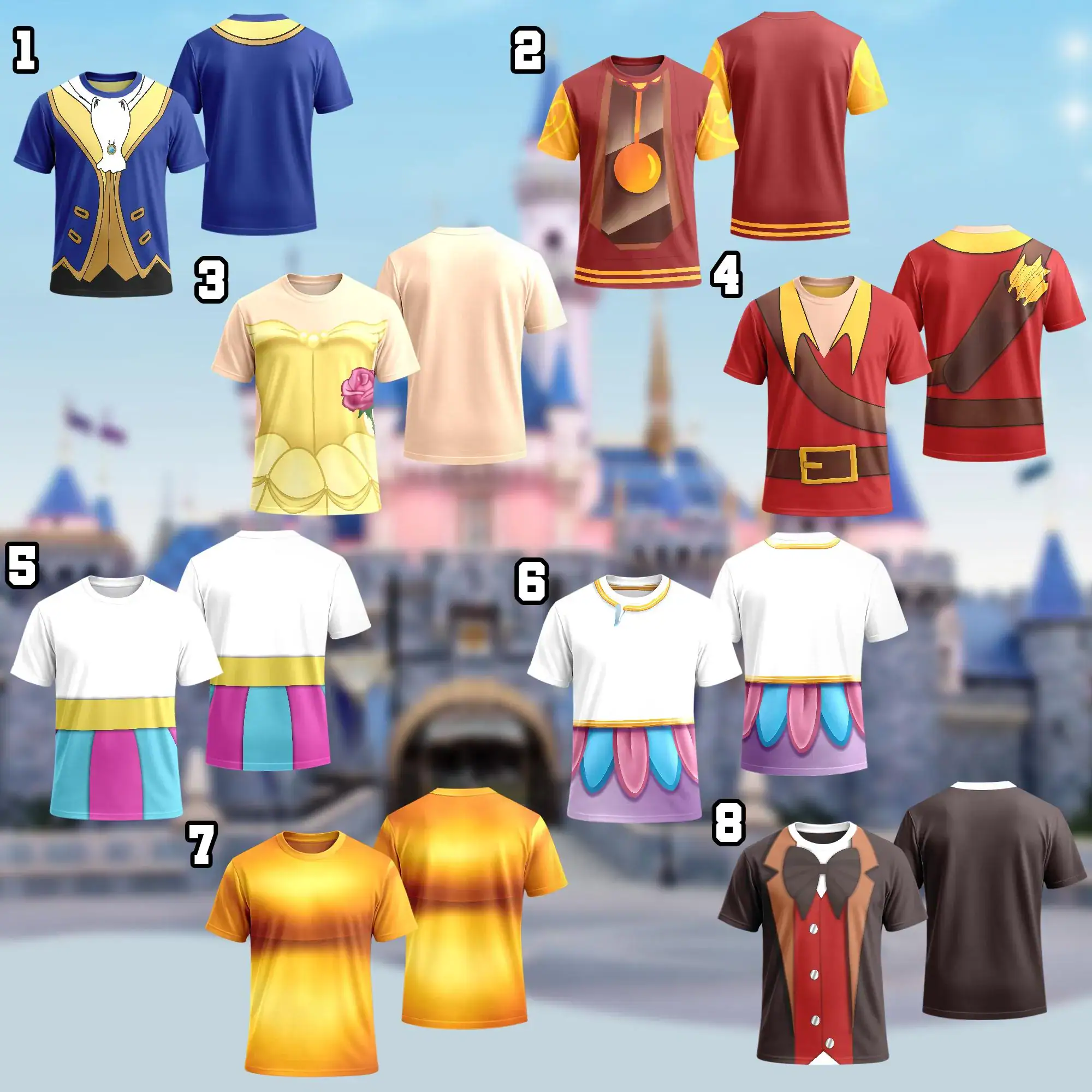 Wdw Beauty and The Beast Halloween Costume 3D T-Shirt, Belle Cogsworth Lumiere Gaston Halloween Costume For Family Matching Group T Shirt