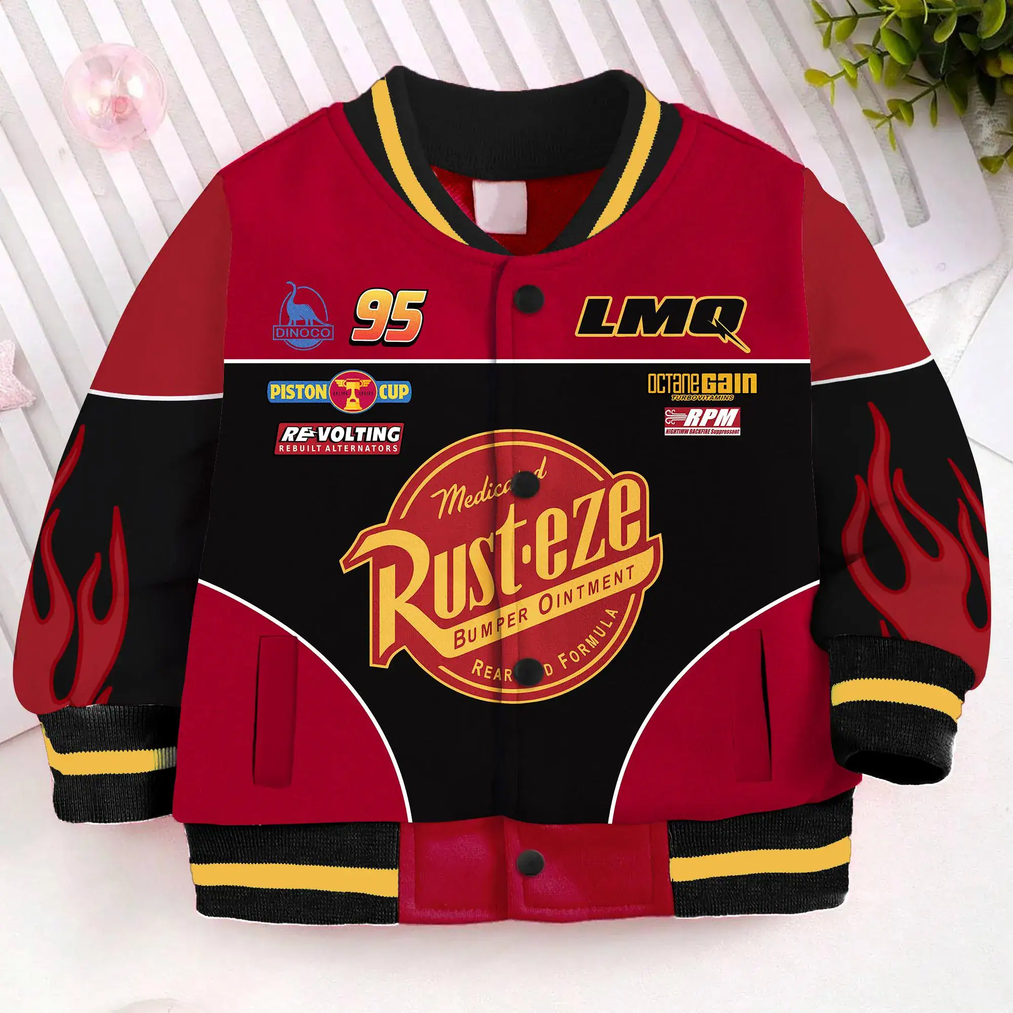 Custom Name Lightning McQueen 7 Time Chapion Piston Cup Kids and Youth Baseball Jacket, Aldult Unisex Varsity Baseball Jacket