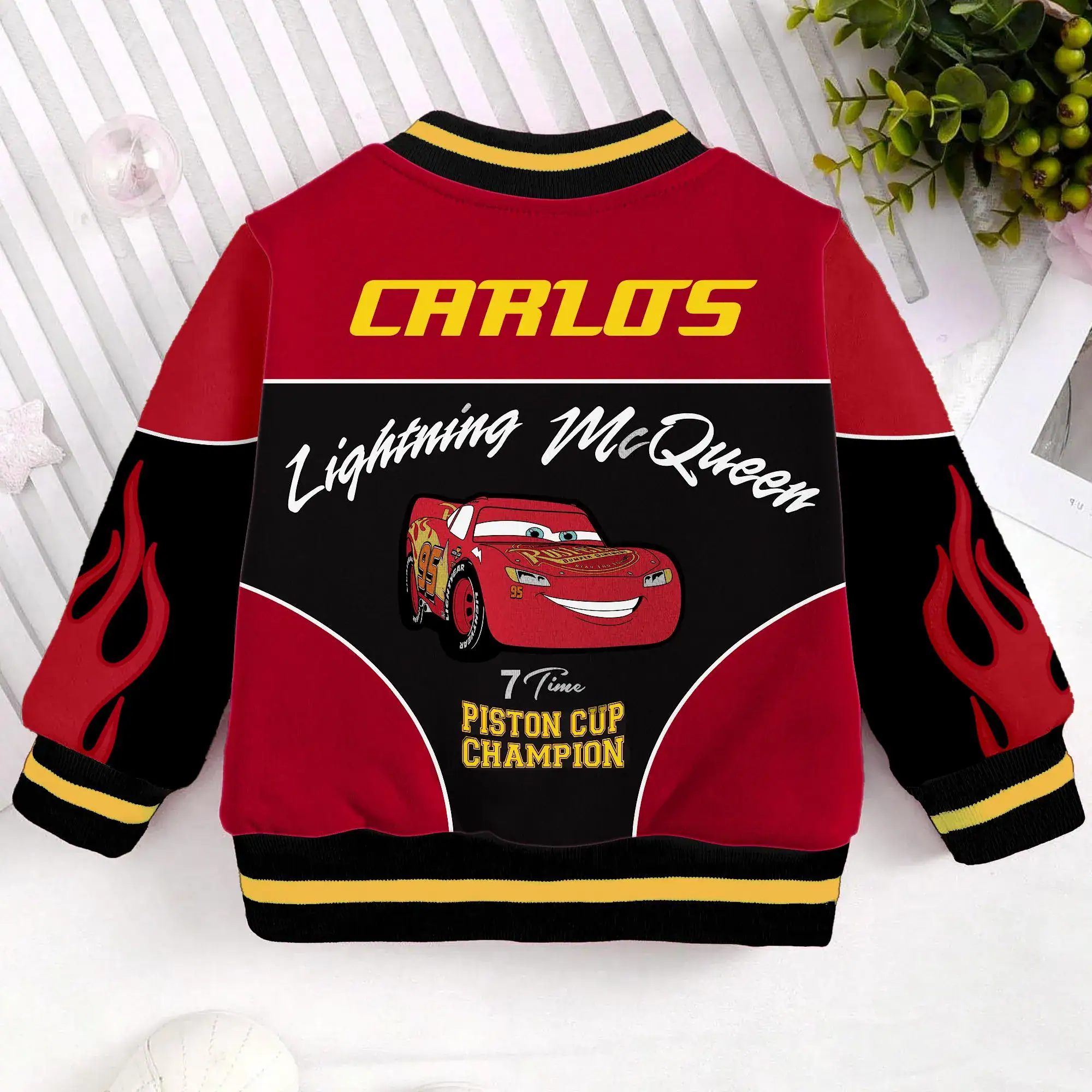 Custom Name Lightning McQueen 7 Time Chapion Piston Cup Kids and Youth Baseball Jacket, Aldult Unisex Varsity Baseball Jacket - Image 2
