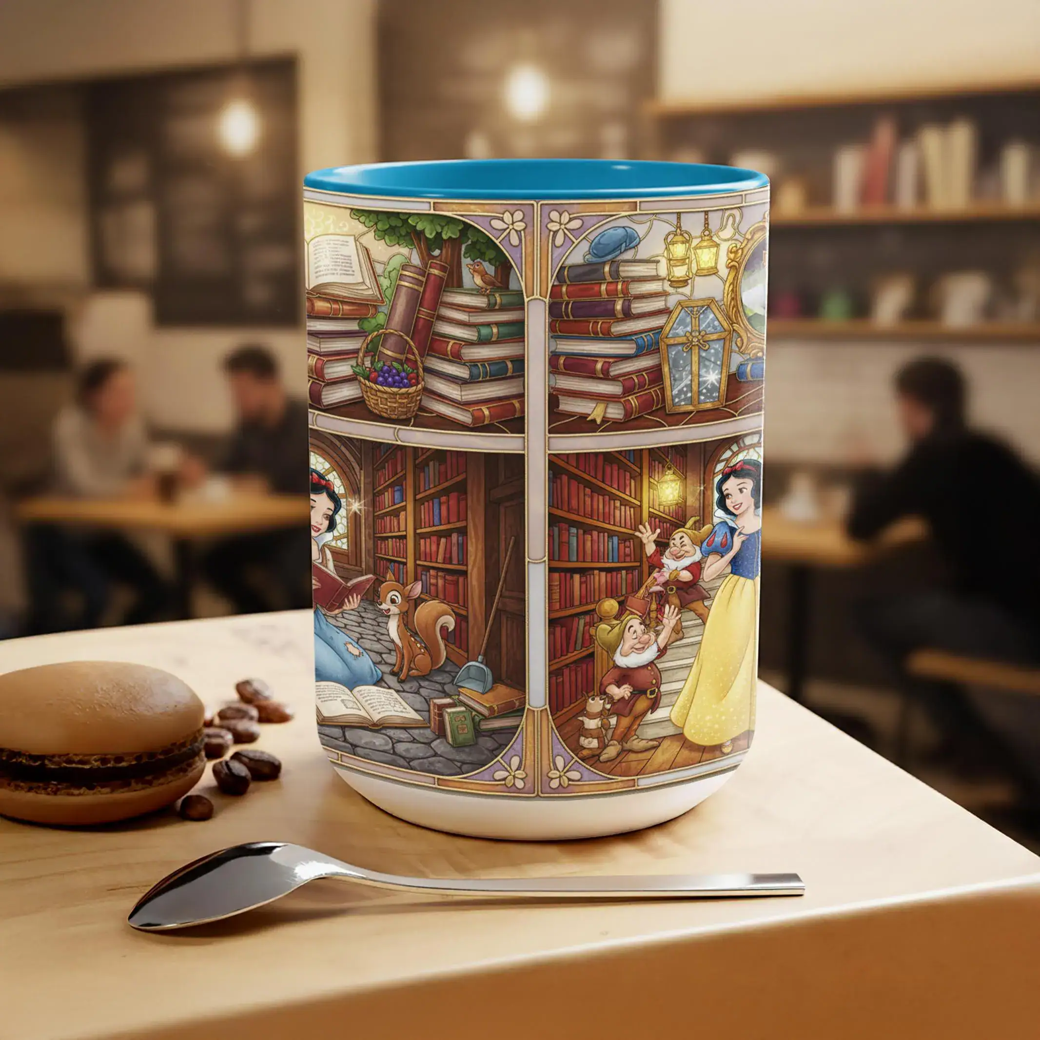 Personalized Snow Princess Coffee Mug, Bookish Stained-Glass Style Mug, Book Lover Gift, Disney Princess Library Mug, Cozy Reading Mug - Image 4