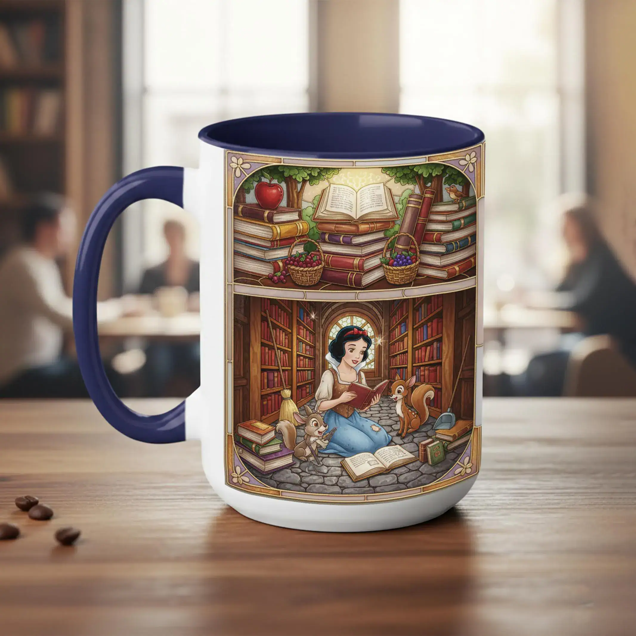 Personalized Snow Princess Coffee Mug, Bookish Stained-Glass Style Mug, Book Lover Gift, Disney Princess Library Mug, Cozy Reading Mug - Image 3